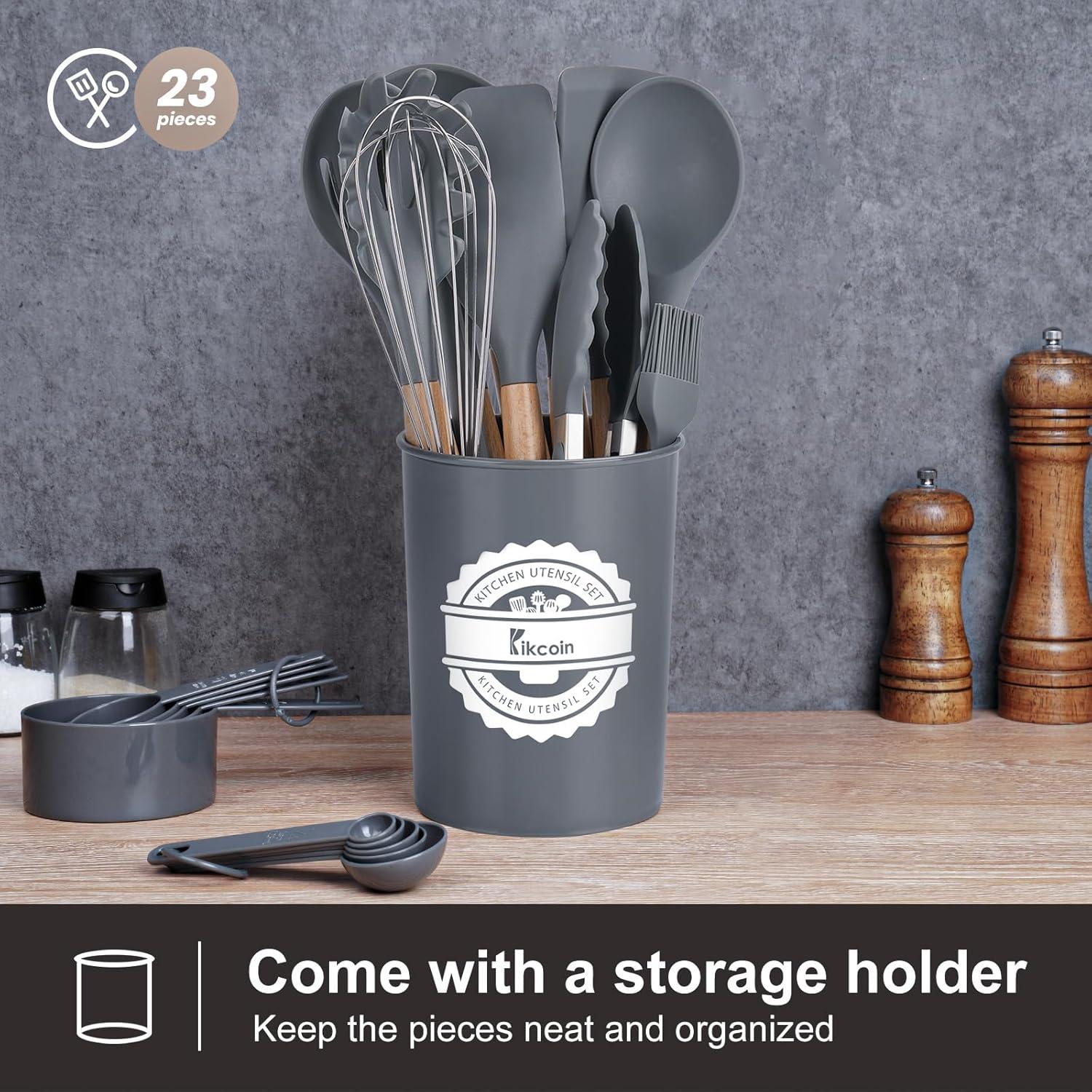 image23 PCS Kitchen Utensils Set Kikcoin Wood Handle Silicone Cooking Utensils Set with Holder Spatulas Silicone Heat Resistant Cooking Gadgets for Nonstick Cookware Grey