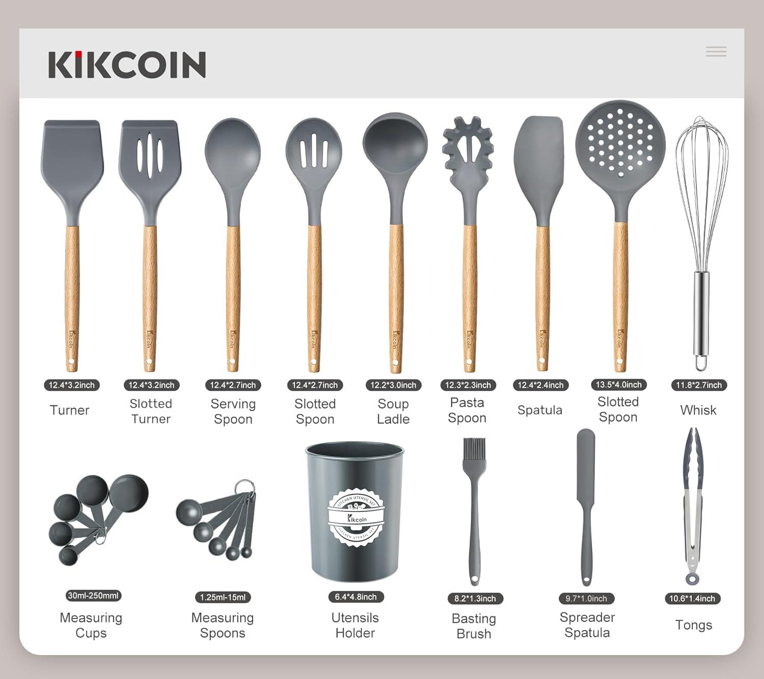 image23 PCS Kitchen Utensils Set Kikcoin Wood Handle Silicone Cooking Utensils Set with Holder Spatulas Silicone Heat Resistant Cooking Gadgets for Nonstick Cookware Grey