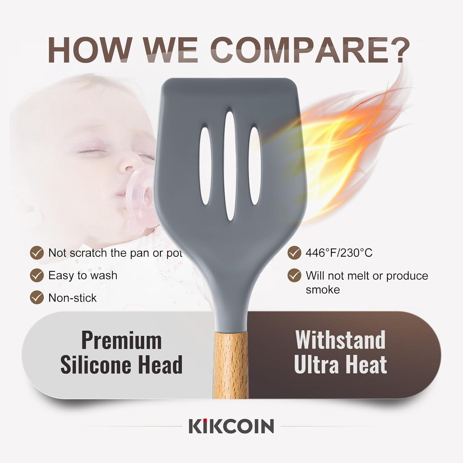 image23 PCS Kitchen Utensils Set Kikcoin Wood Handle Silicone Cooking Utensils Set with Holder Spatulas Silicone Heat Resistant Cooking Gadgets for Nonstick Cookware Grey