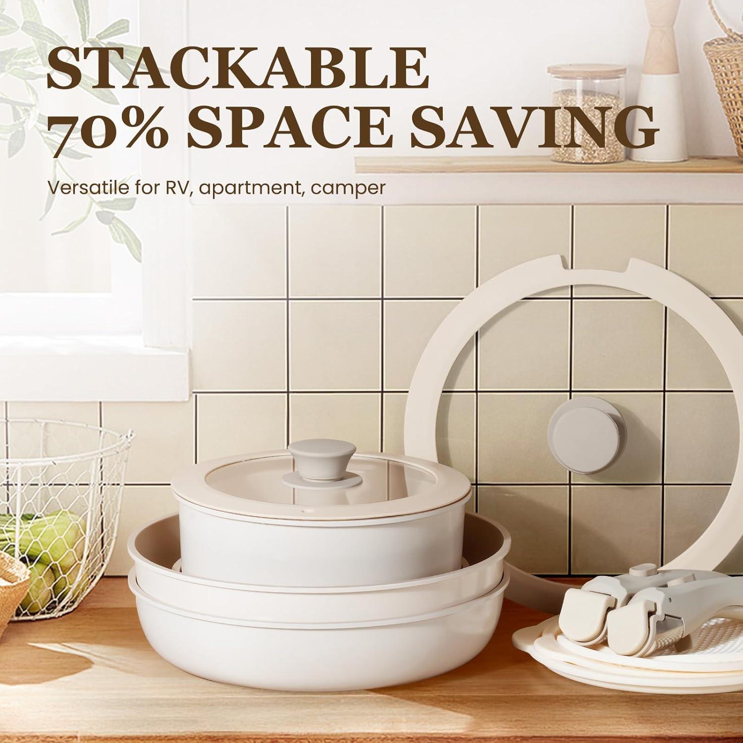 imageKIKCOIN 20 Pcs Pots and Pans Set Non Stick Detachable Handle Cookware Sets Nonstick Non Toxic Induction RV Kitchen Cooking Set with Removable Handles DishwasherOven Safe Easy Clean BlackBeige with Taupe