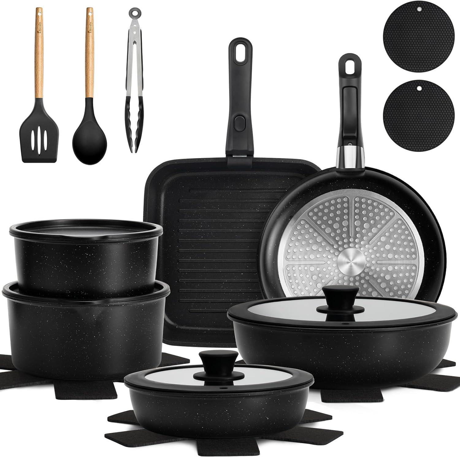 imageKIKCOIN 20 Pcs Pots and Pans Set Non Stick Detachable Handle Cookware Sets Nonstick Non Toxic Induction RV Kitchen Cooking Set with Removable Handles DishwasherOven Safe Easy Clean BlackBlack