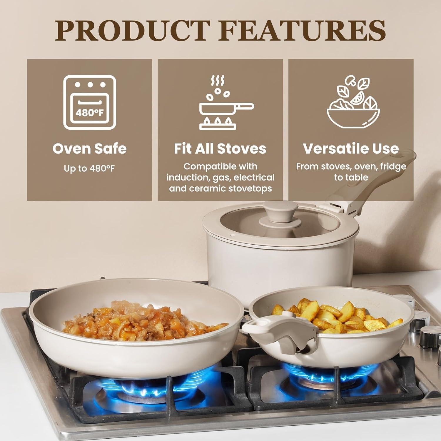 imageKIKCOIN 20 Pcs Pots and Pans Set Non Stick Detachable Handle Cookware Sets Nonstick Non Toxic Induction RV Kitchen Cooking Set with Removable Handles DishwasherOven Safe Easy Clean BlackBeige with Taupe