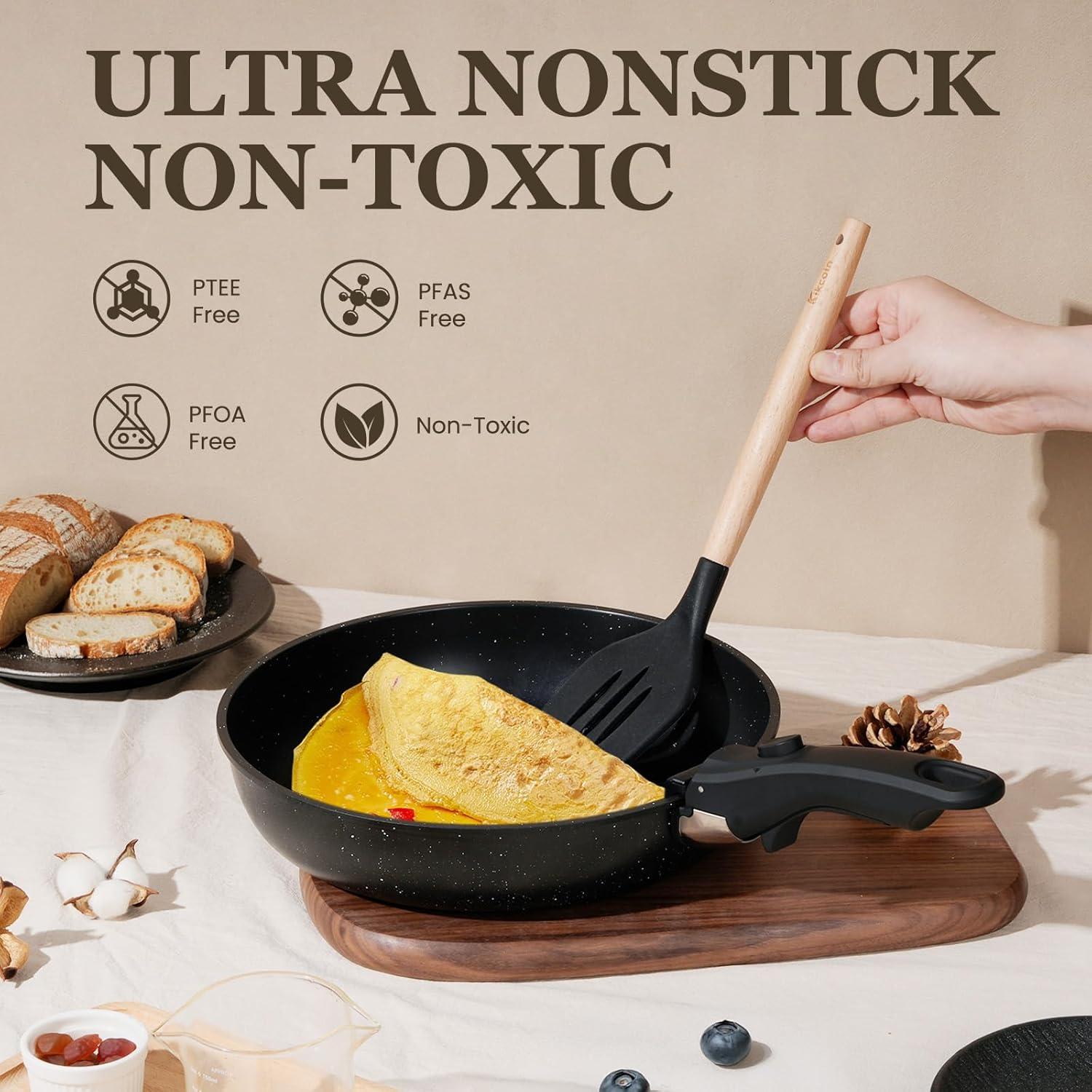imageKIKCOIN 20 Pcs Pots and Pans Set Non Stick Detachable Handle Cookware Sets Nonstick Non Toxic Induction RV Kitchen Cooking Set with Removable Handles DishwasherOven Safe Easy Clean BlackBlack