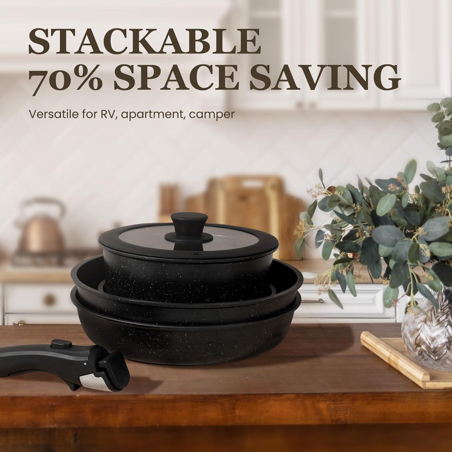 imageKIKCOIN 20 Pcs Pots and Pans Set Non Stick Detachable Handle Cookware Sets Nonstick Non Toxic Induction RV Kitchen Cooking Set with Removable Handles DishwasherOven Safe Easy Clean BlackBlack
