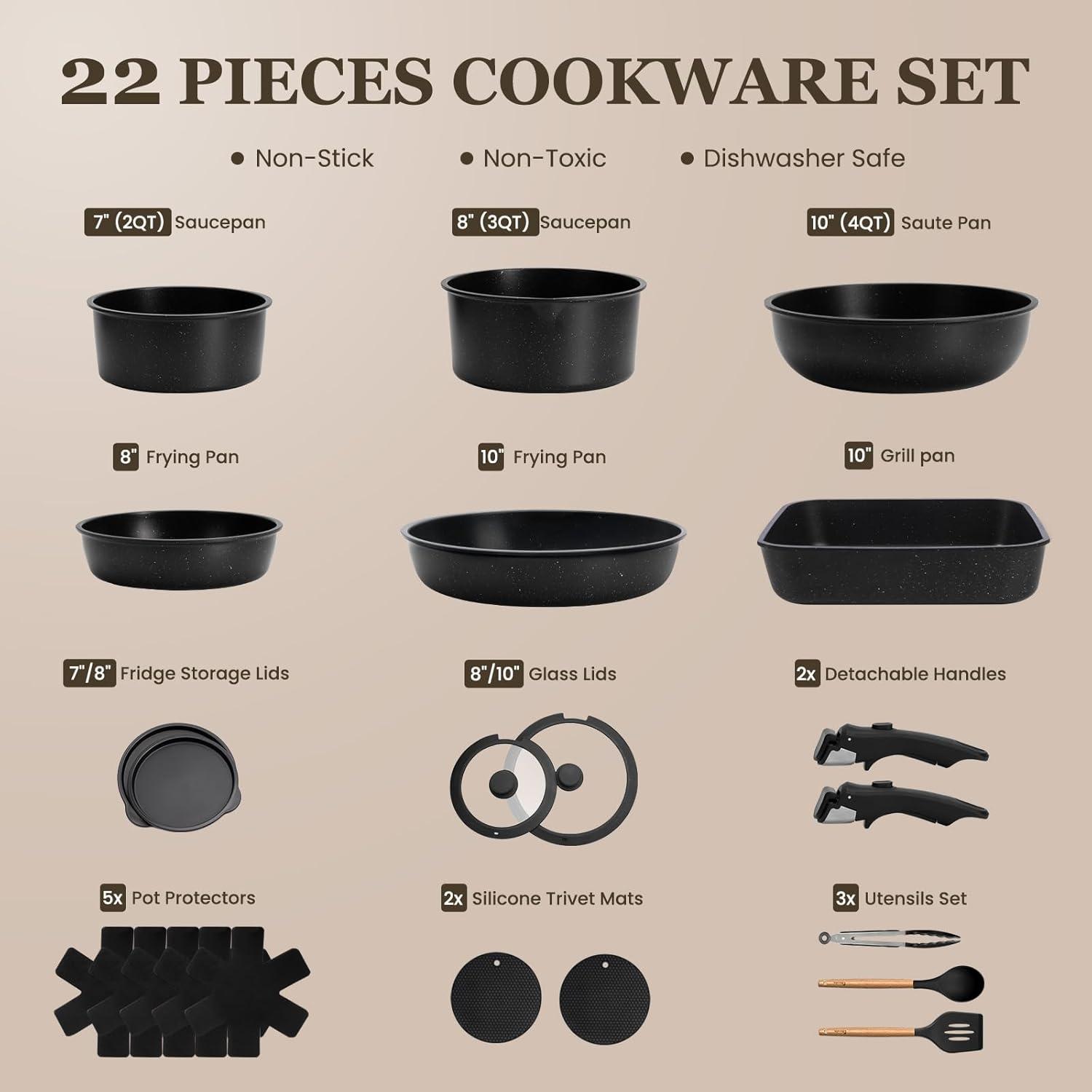 imageKIKCOIN 20 Pcs Pots and Pans Set Non Stick Detachable Handle Cookware Sets Nonstick Non Toxic Induction RV Kitchen Cooking Set with Removable Handles DishwasherOven Safe Easy Clean BlackBlack