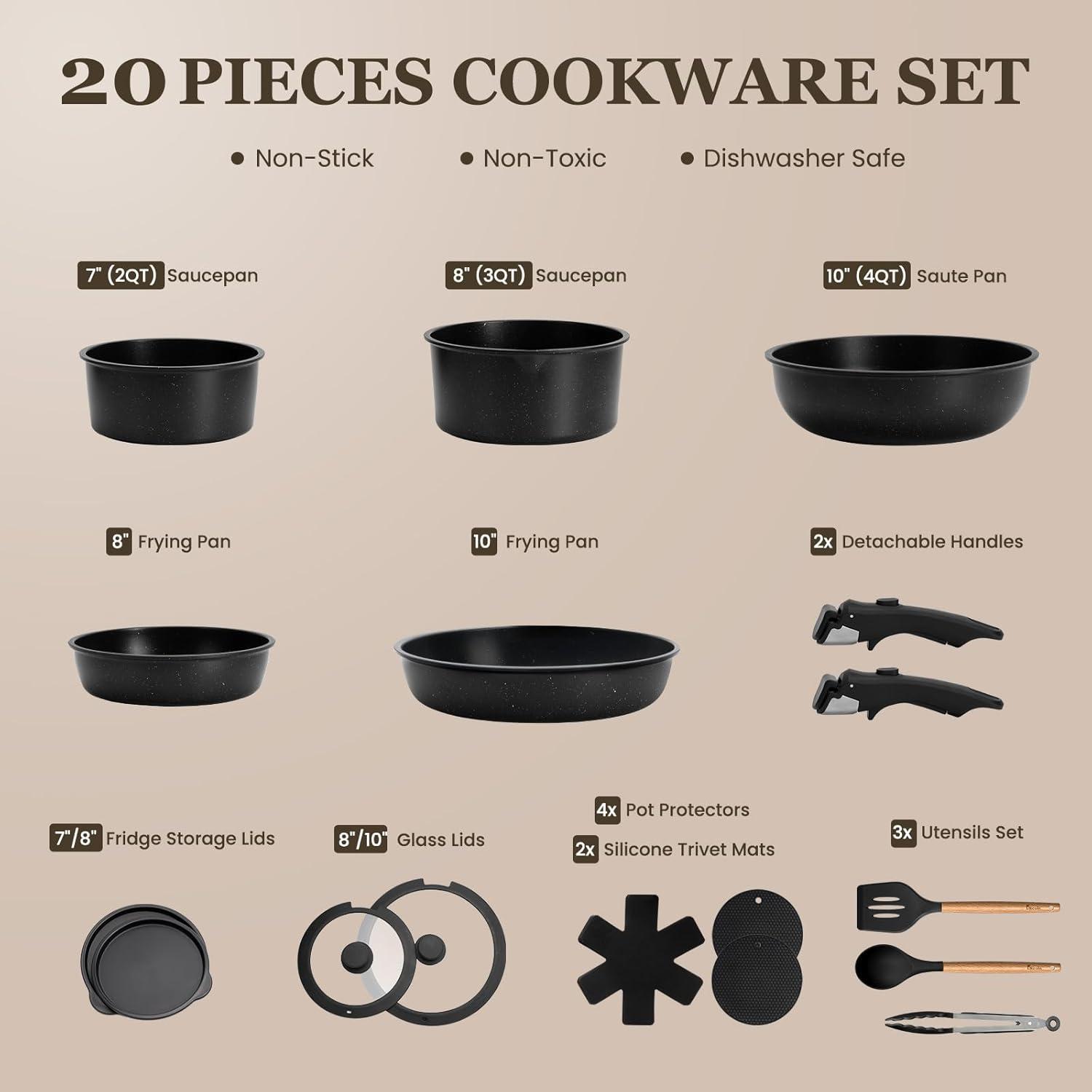imageKIKCOIN 20 Pcs Pots and Pans Set Non Stick Detachable Handle Cookware Sets Nonstick Non Toxic Induction RV Kitchen Cooking Set with Removable Handles DishwasherOven Safe Easy Clean BlackBlack