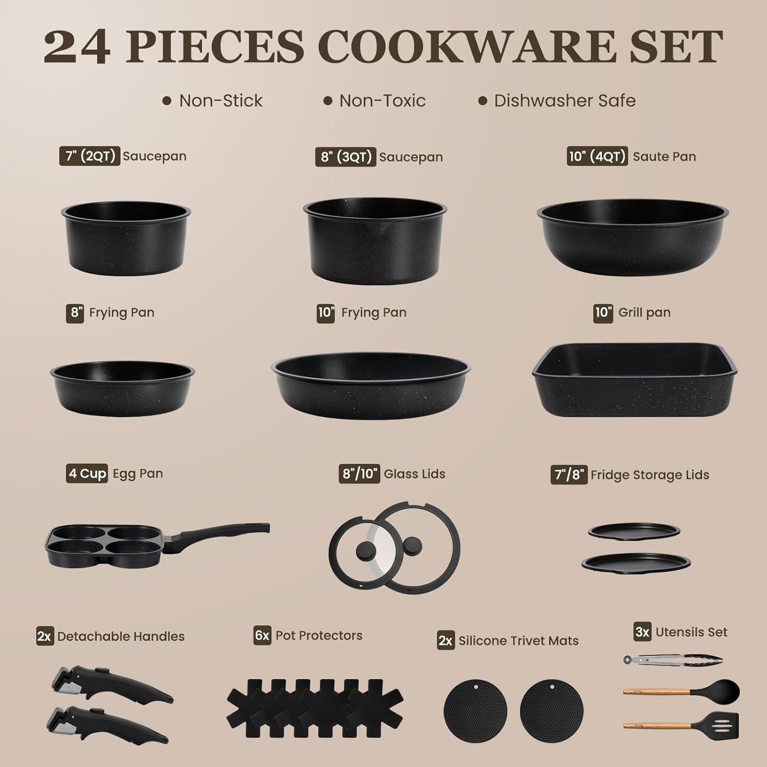 imageKIKCOIN 20 Pcs Pots and Pans Set Non Stick Detachable Handle Cookware Sets Nonstick Non Toxic Induction RV Kitchen Cooking Set with Removable Handles DishwasherOven Safe Easy Clean BlackBlack