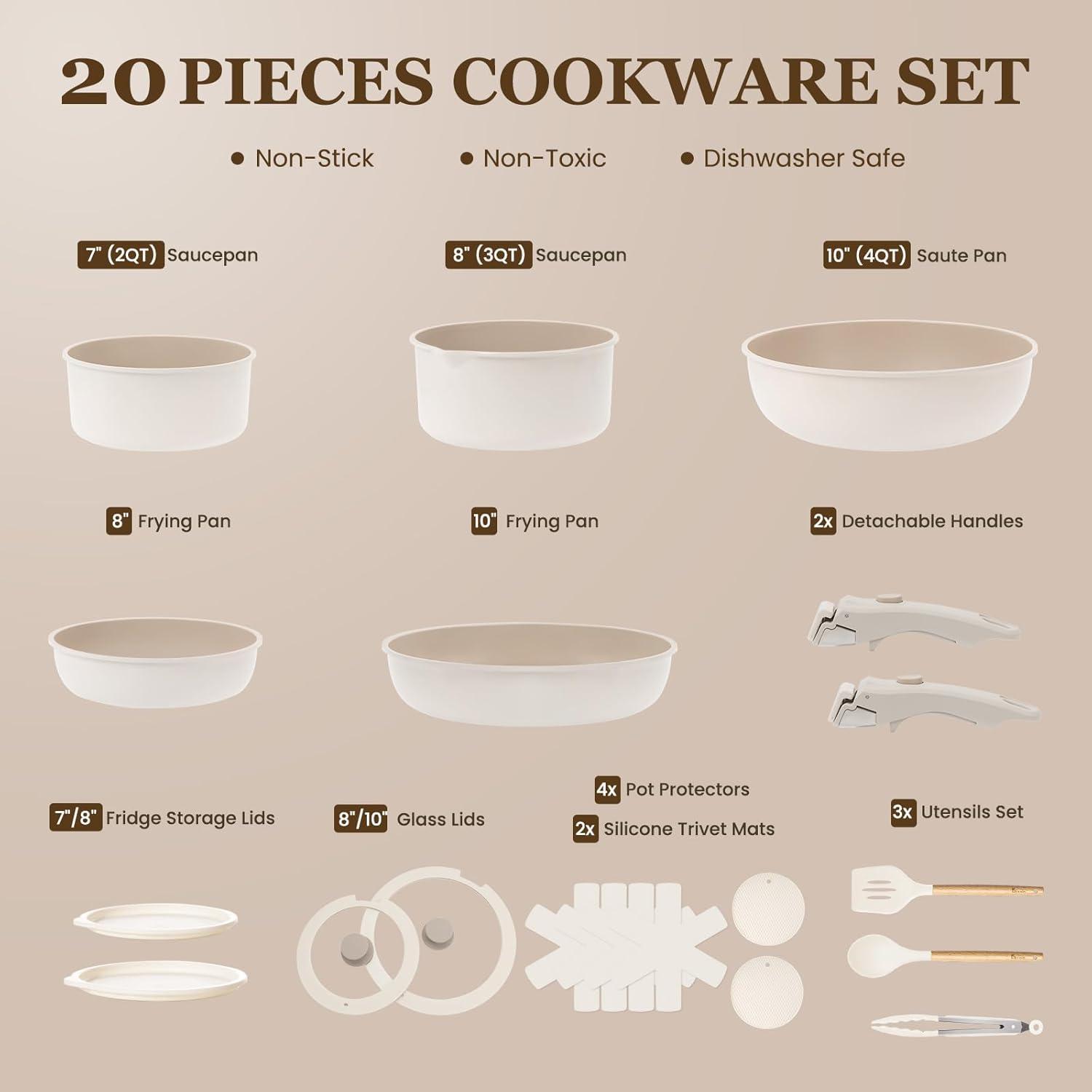 imageKIKCOIN 20 Pcs Pots and Pans Set Non Stick Detachable Handle Cookware Sets Nonstick Non Toxic Induction RV Kitchen Cooking Set with Removable Handles DishwasherOven Safe Easy Clean BlackBeige with Taupe