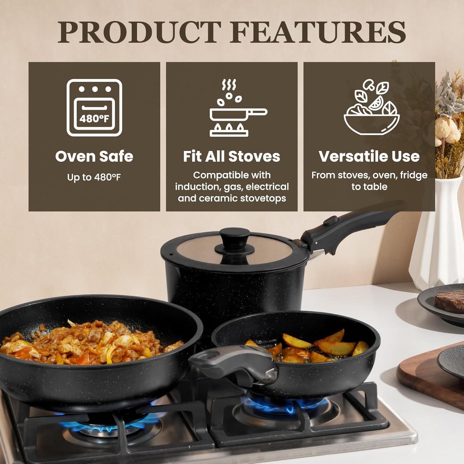 imageKIKCOIN 20 Pcs Pots and Pans Set Non Stick Detachable Handle Cookware Sets Nonstick Non Toxic Induction RV Kitchen Cooking Set with Removable Handles DishwasherOven Safe Easy Clean BlackBlack