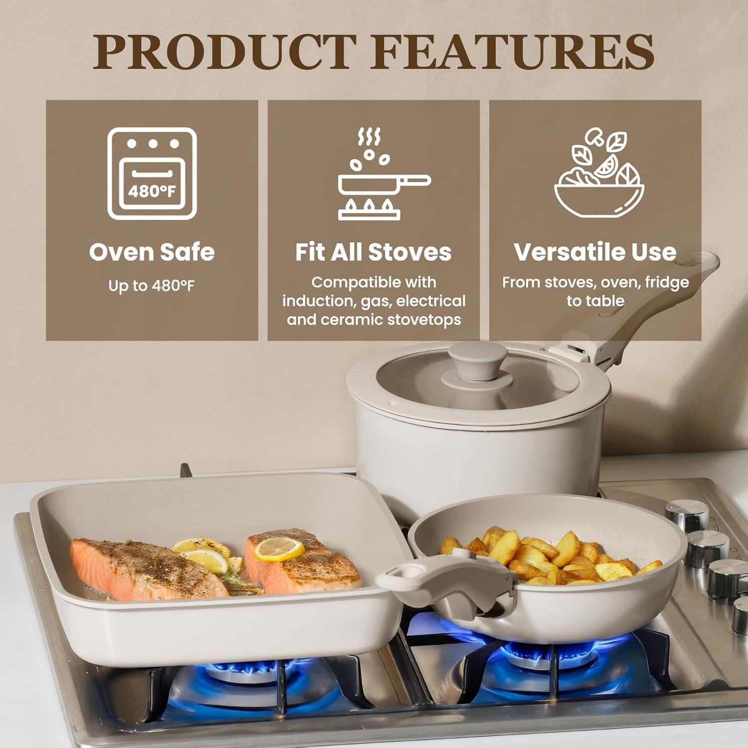 imageKIKCOIN 20 Pcs Pots and Pans Set Non Stick Detachable Handle Cookware Sets Nonstick Non Toxic Induction RV Kitchen Cooking Set with Removable Handles DishwasherOven Safe Easy Clean BlackBeige with Taupe