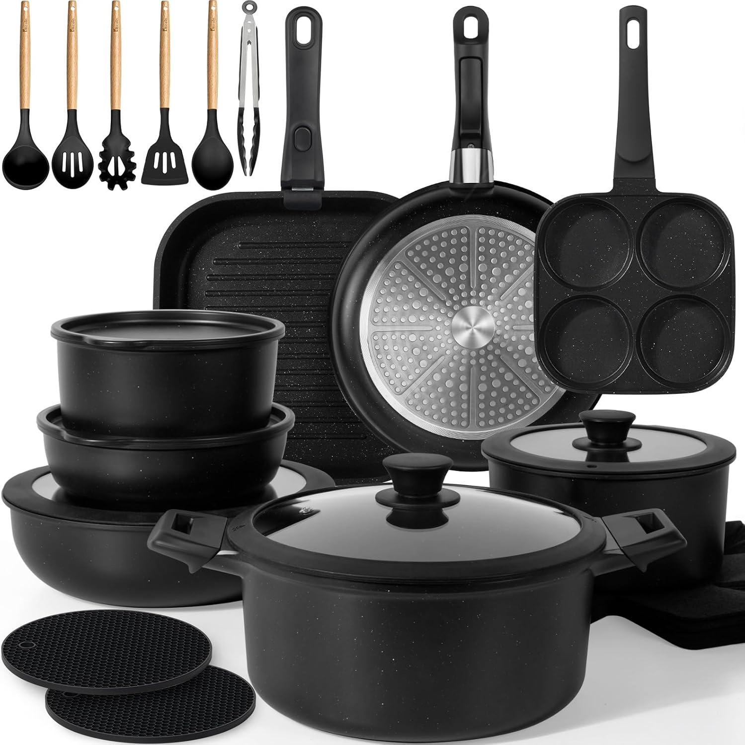 imageKIKCOIN 20 Pcs Pots and Pans Set Non Stick Detachable Handle Cookware Sets Nonstick Non Toxic Induction RV Kitchen Cooking Set with Removable Handles DishwasherOven Safe Easy Clean BlackBlack