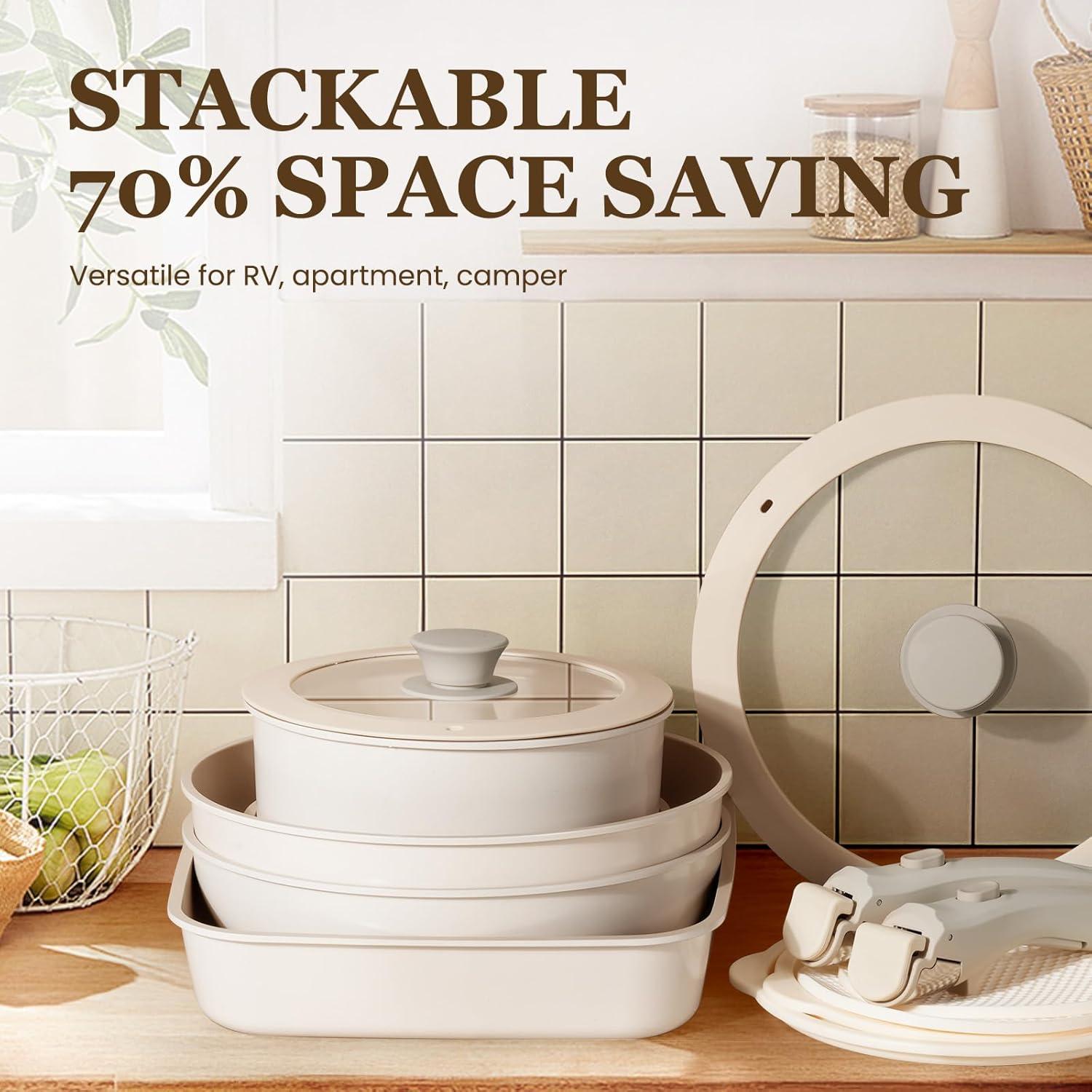 imageKIKCOIN 20 Pcs Pots and Pans Set Non Stick Detachable Handle Cookware Sets Nonstick Non Toxic Induction RV Kitchen Cooking Set with Removable Handles DishwasherOven Safe Easy Clean BlackBeige with Taupe