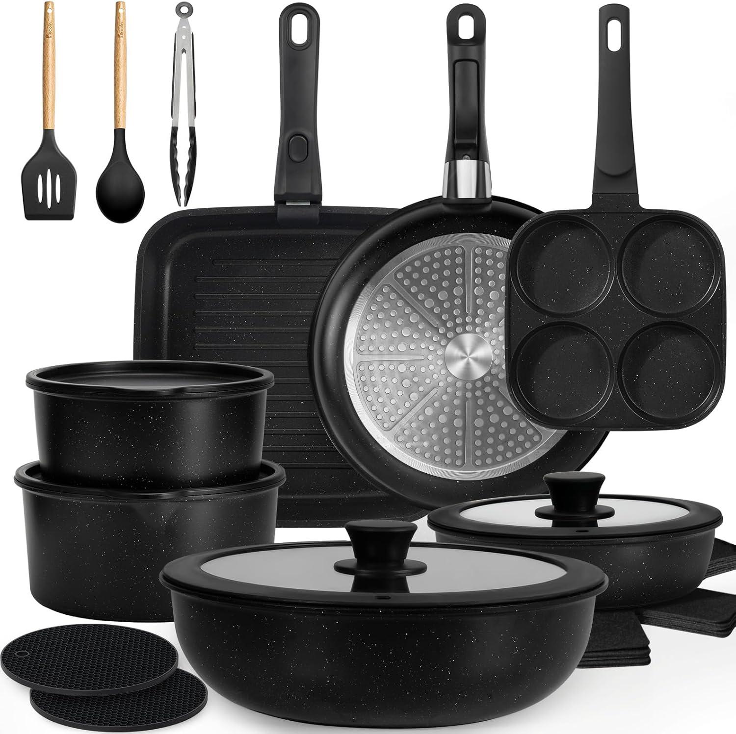 imageKIKCOIN 20 Pcs Pots and Pans Set Non Stick Detachable Handle Cookware Sets Nonstick Non Toxic Induction RV Kitchen Cooking Set with Removable Handles DishwasherOven Safe Easy Clean BlackBlack