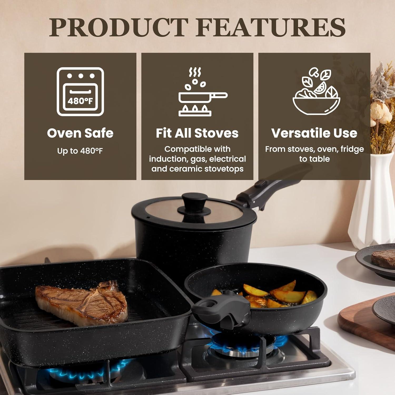 imageKIKCOIN 20 Pcs Pots and Pans Set Non Stick Detachable Handle Cookware Sets Nonstick Non Toxic Induction RV Kitchen Cooking Set with Removable Handles DishwasherOven Safe Easy Clean BlackBlack