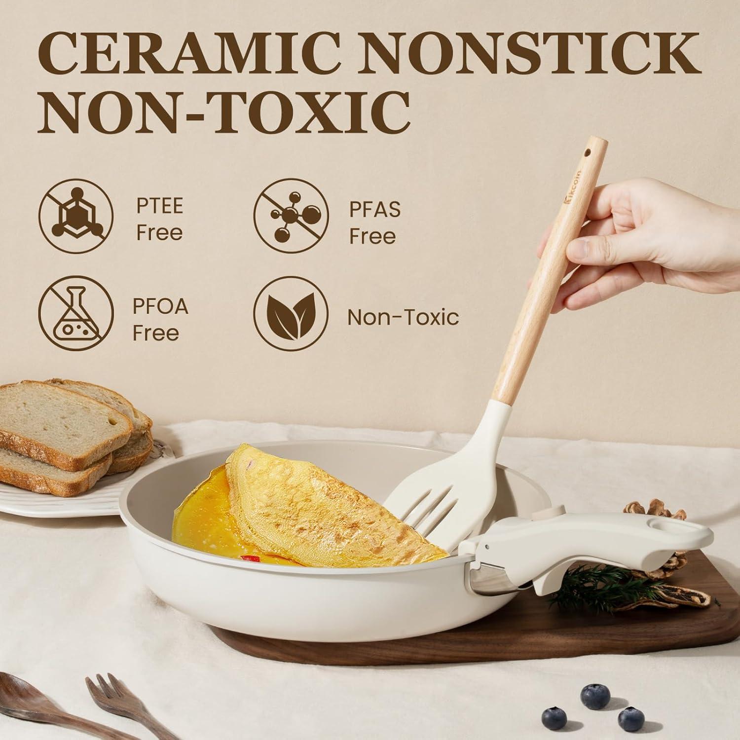 imageKIKCOIN 20 Pcs Pots and Pans Set Non Stick Detachable Handle Cookware Sets Nonstick Non Toxic Induction RV Kitchen Cooking Set with Removable Handles DishwasherOven Safe Easy Clean BlackBeige with Taupe