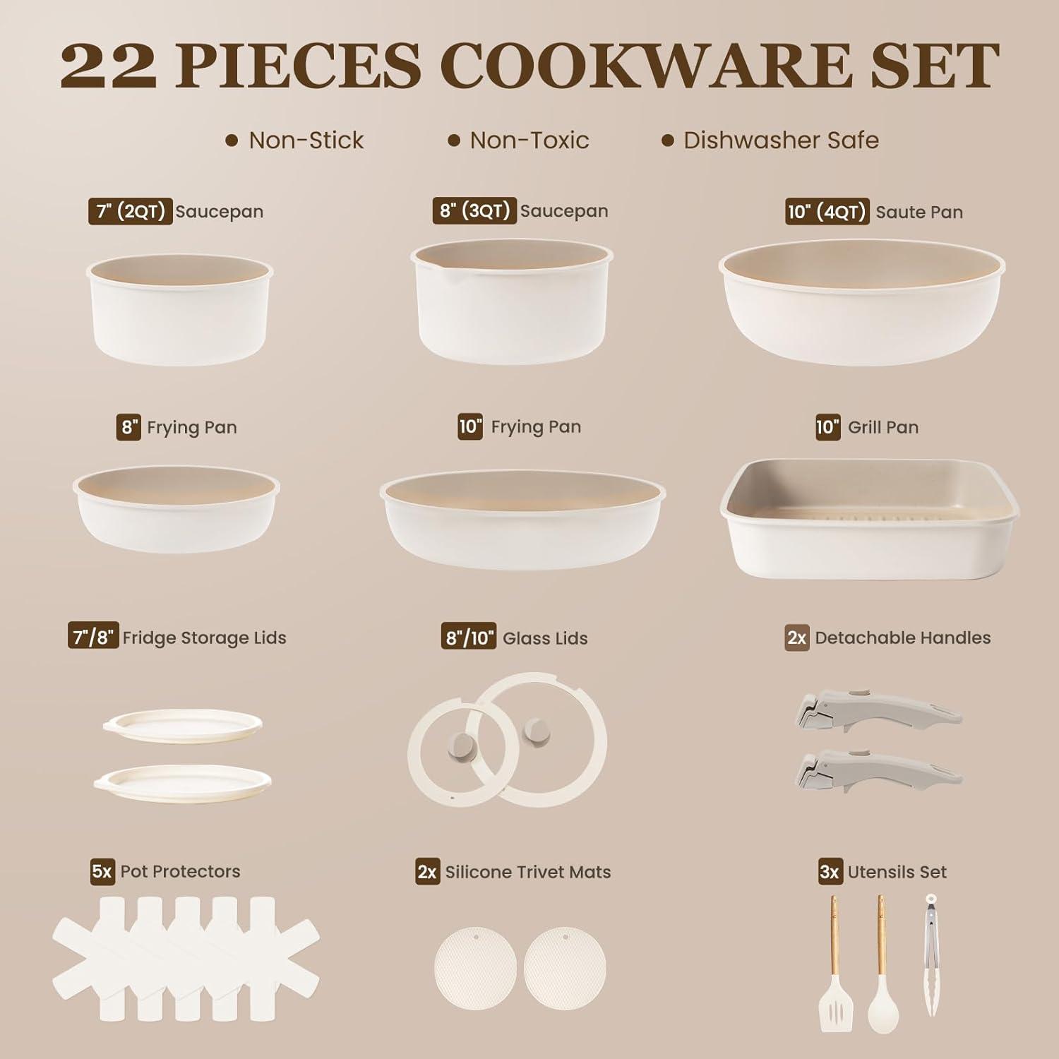 imageKIKCOIN 20 Pcs Pots and Pans Set Non Stick Detachable Handle Cookware Sets Nonstick Non Toxic Induction RV Kitchen Cooking Set with Removable Handles DishwasherOven Safe Easy Clean BlackBeige with Taupe