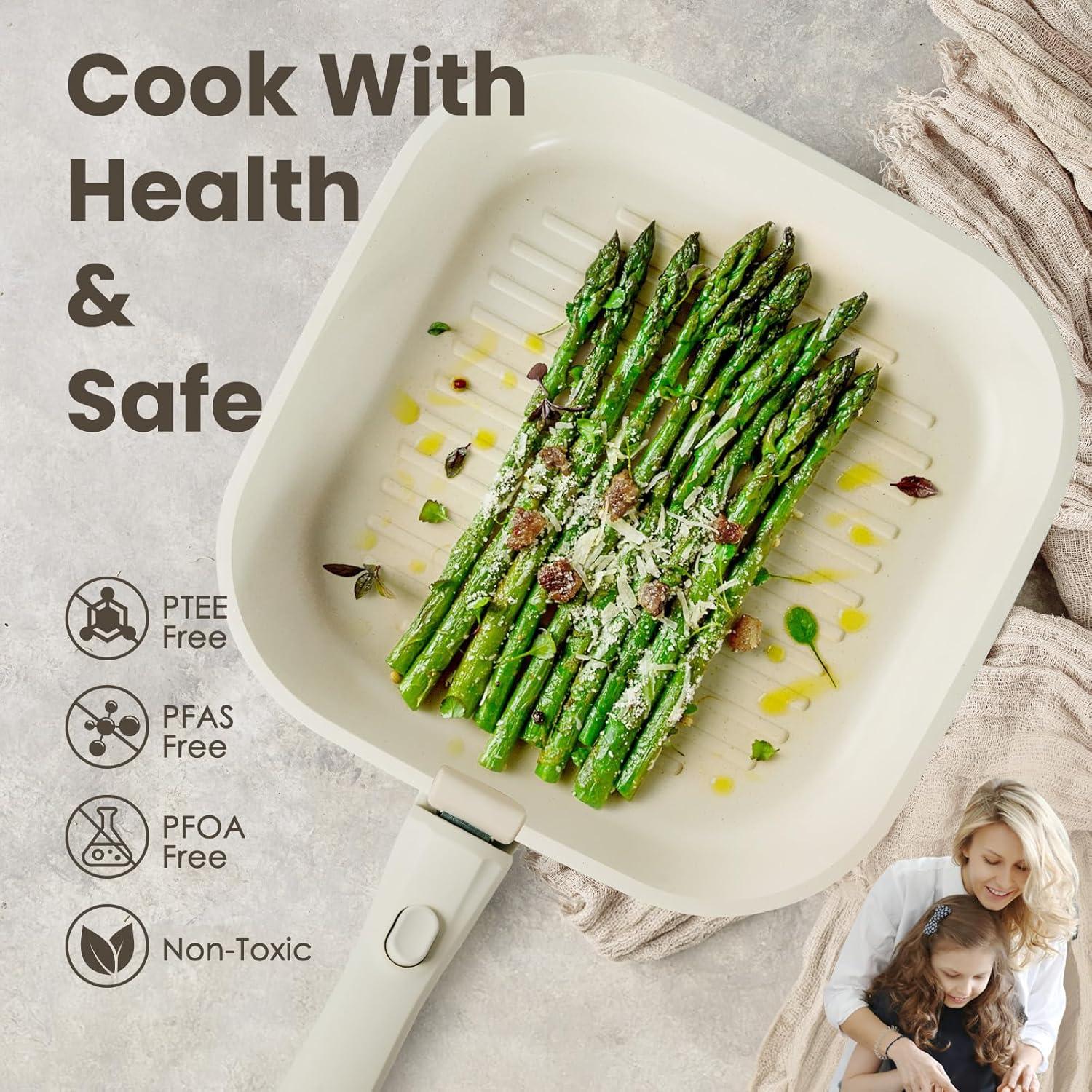imageKIKCOIN Pots and Pans Set Non Stick 7 Pack Ceramic Cookware Set with Detachable Handle Healthy Non Toxic Kitchen Cooking Pots with Frying Pans Grill Pan