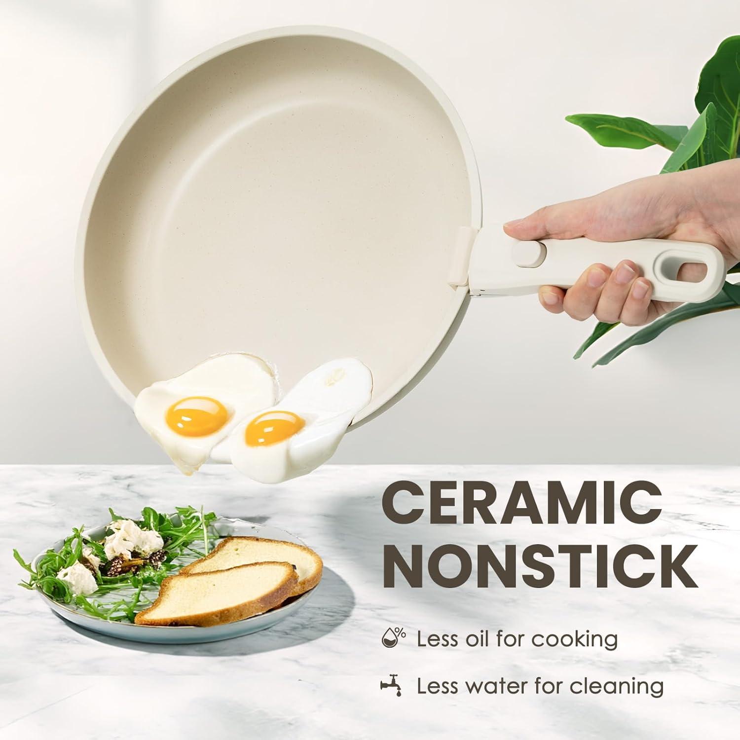 imageKIKCOIN Pots and Pans Set Non Stick 7 Pack Ceramic Cookware Set with Detachable Handle Healthy Non Toxic Kitchen Cooking Pots with Frying Pans Grill Pan