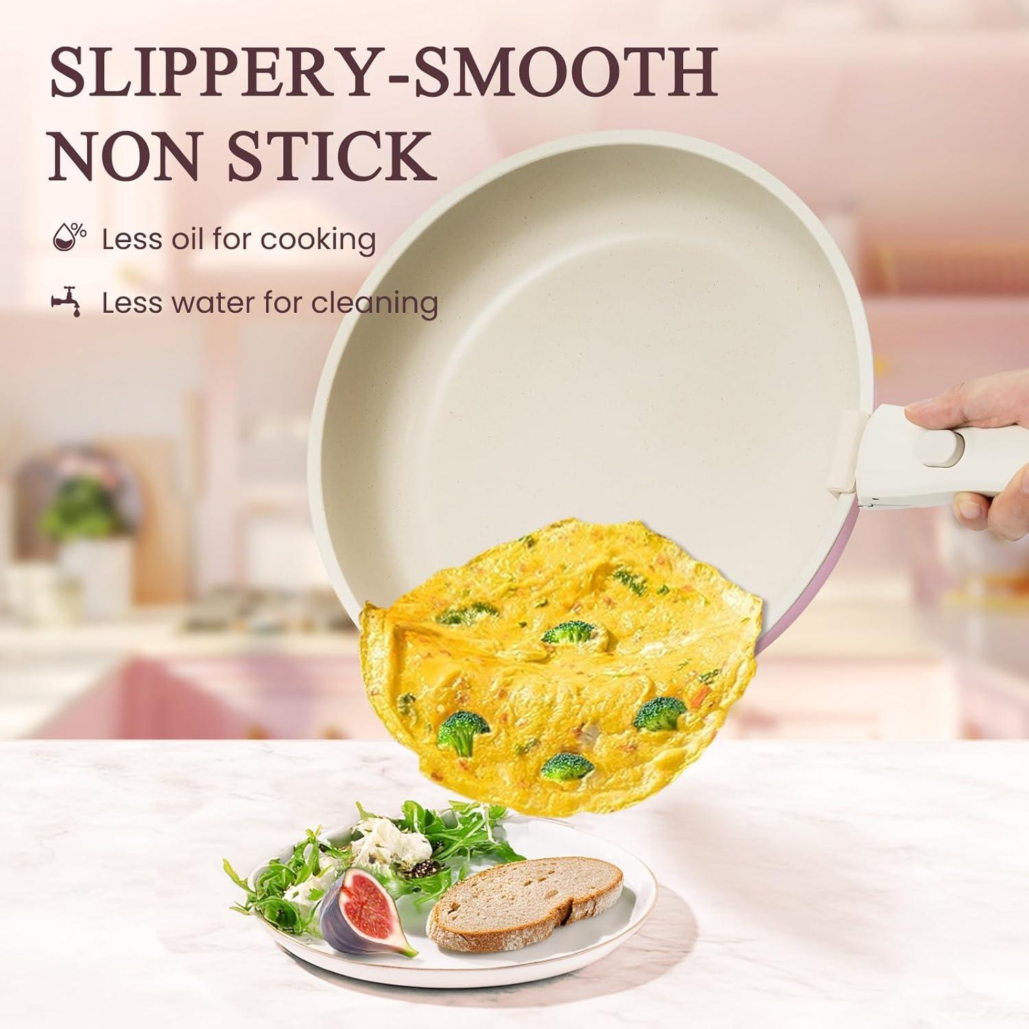 imageKIKCOIN Pots and Pans Set Nonstick Ceramic Cookware Set Detachable Handle Induction Kitchen Cookware Set with Removable Handle Healthy Non Stick RV Cookware Dishwasher  Oven Safe PFOA FreePink