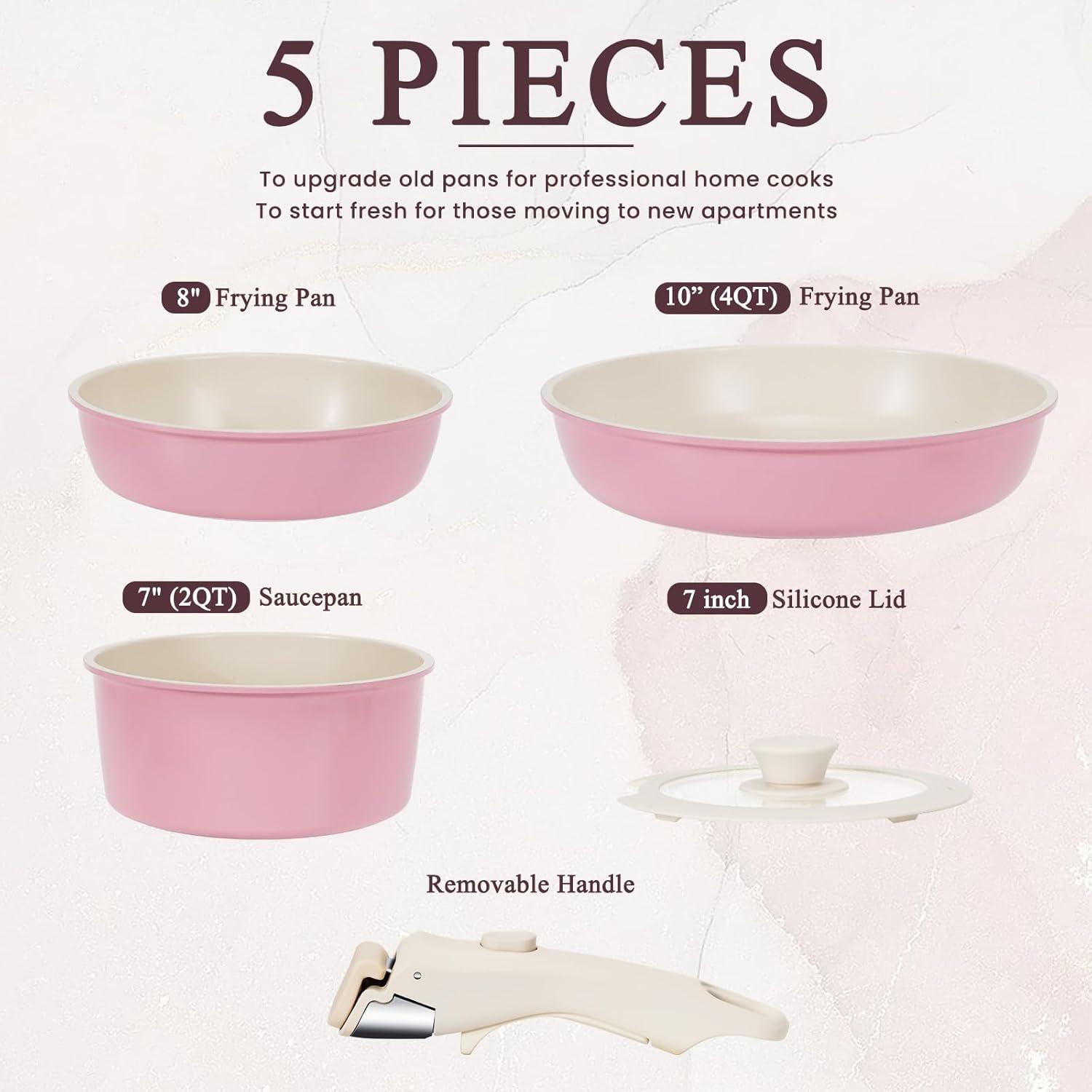 imageKIKCOIN Pots and Pans Set Nonstick Ceramic Cookware Set Detachable Handle Induction Kitchen Cookware Set with Removable Handle Healthy Non Stick RV Cookware Dishwasher  Oven Safe PFOA FreePink
