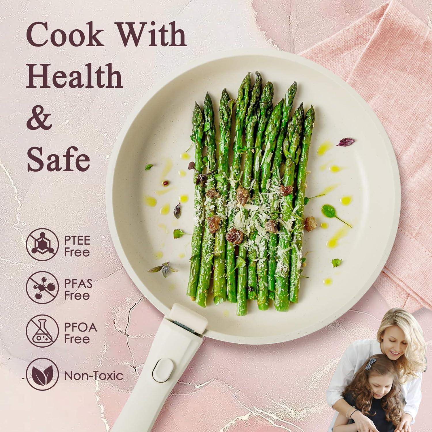 imageKIKCOIN Pots and Pans Set Nonstick Ceramic Cookware Set Detachable Handle Induction Kitchen Cookware Set with Removable Handle Healthy Non Stick RV Cookware Dishwasher  Oven Safe PFOA FreePink