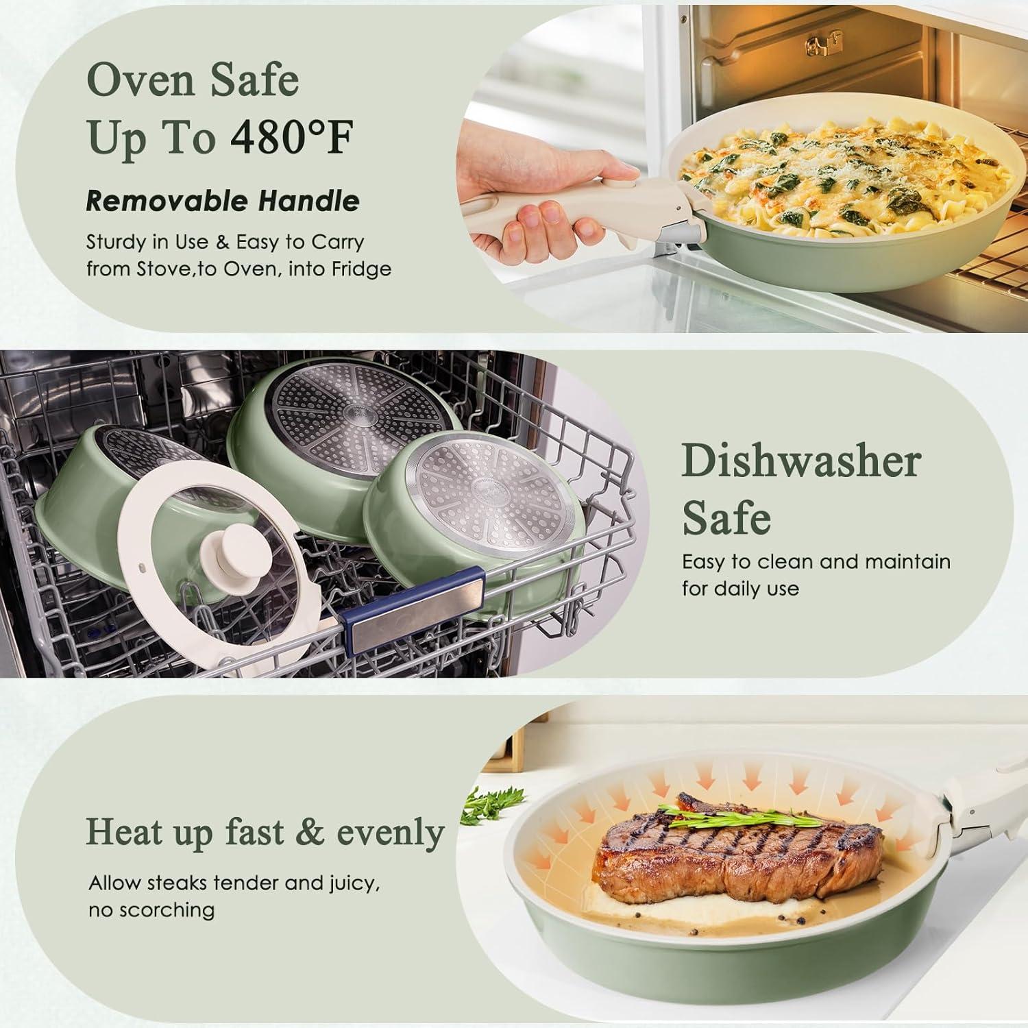 imageKIKCOIN Pots and Pans Set Nonstick Ceramic Cookware Set Detachable Handle Induction Kitchen Cookware Set with Removable Handle Healthy Non Stick RV Cookware Dishwasher  Oven Safe PFOA FreeGreen