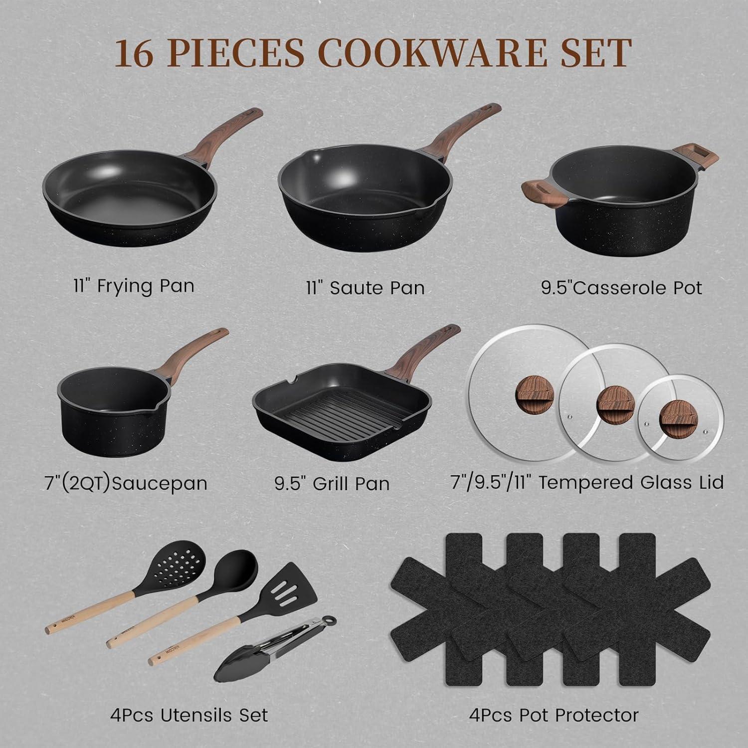 imageKikcoin 16Pcs Pots and Pans Set Nonstick Ceramic Cookware Sets Induction Kitchen Cooking Set Non toxic Healthy Non Stick wGrill PanSaute Pan Ceramic WhiteBlack