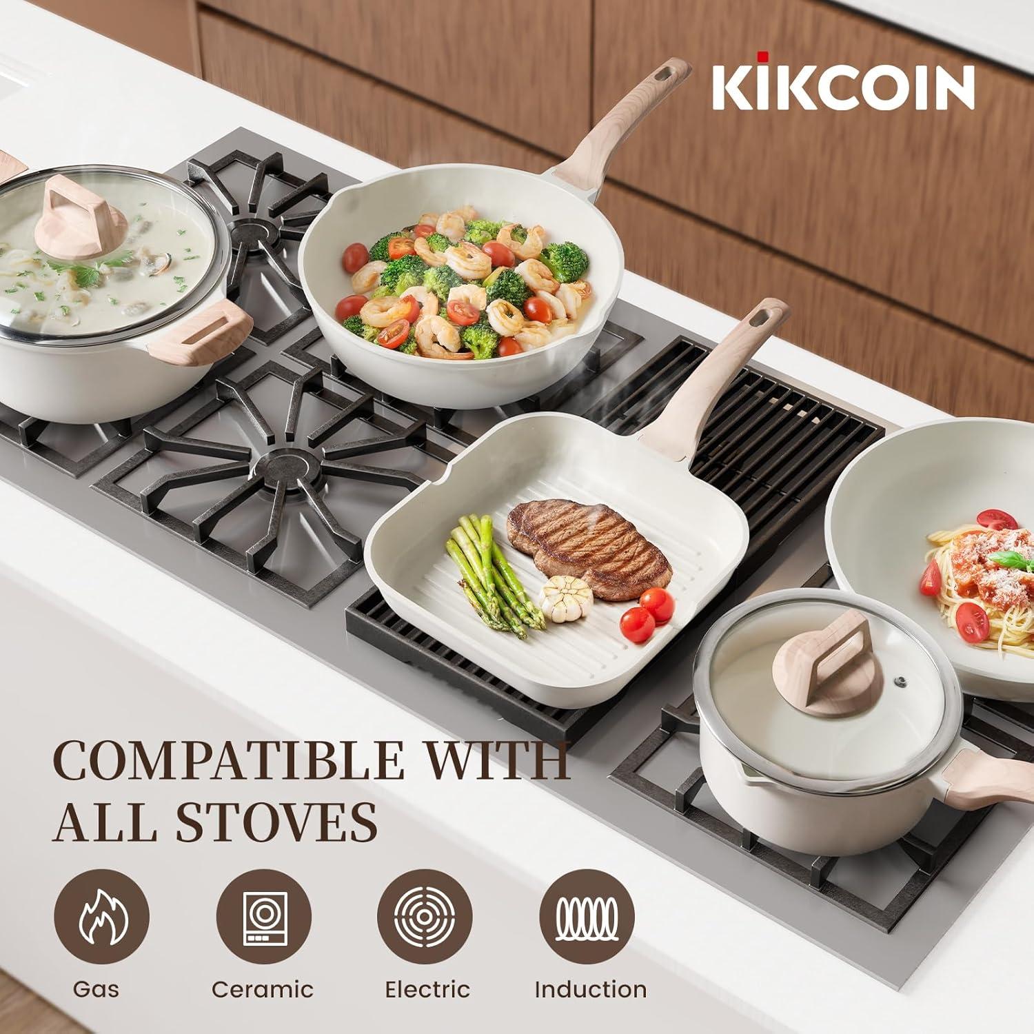 imageKikcoin 16Pcs Pots and Pans Set Nonstick Ceramic Cookware Sets Induction Kitchen Cooking Set Non toxic Healthy Non Stick wGrill PanSaute Pan Ceramic WhiteCeramic White