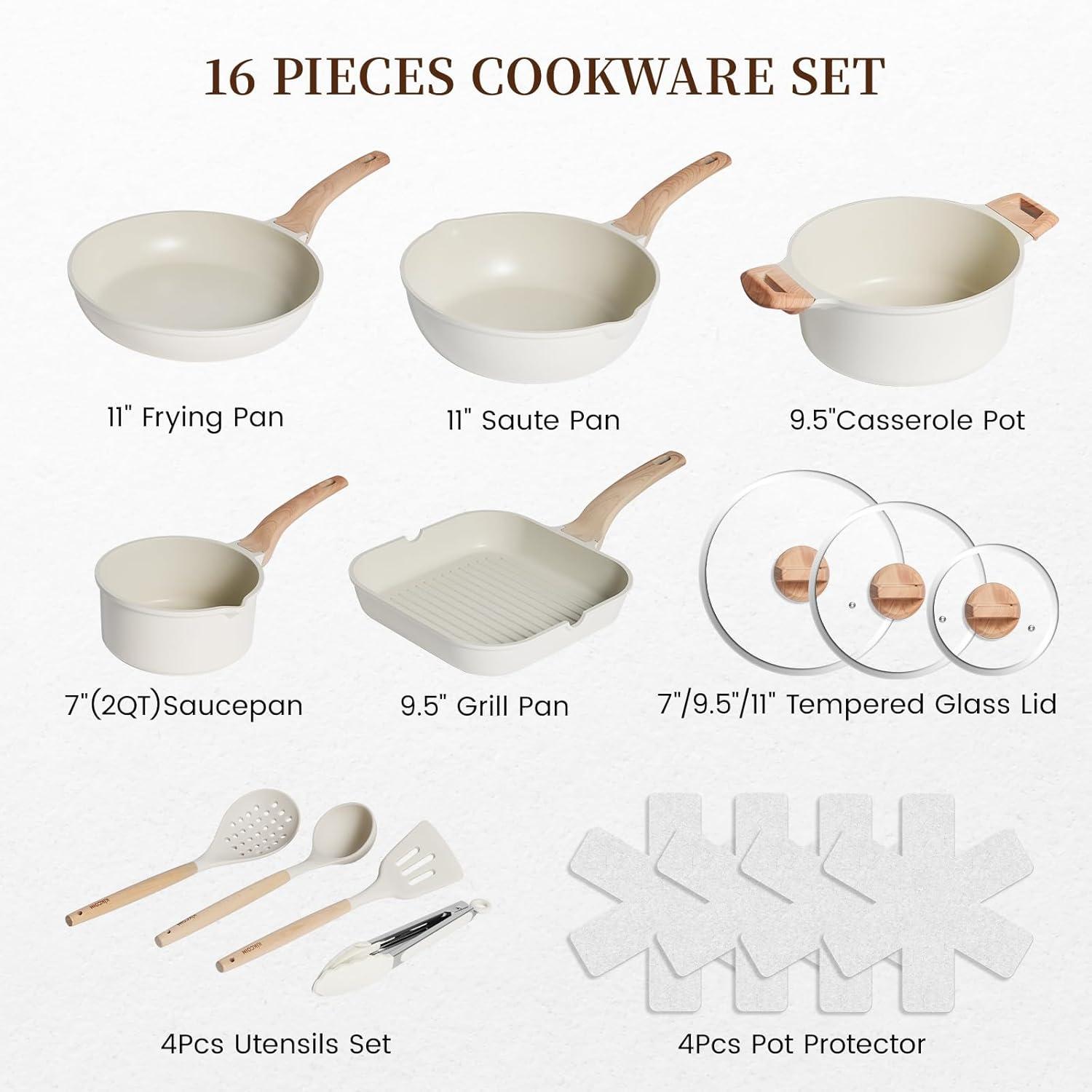 imageKikcoin 16Pcs Pots and Pans Set Nonstick Ceramic Cookware Sets Induction Kitchen Cooking Set Non toxic Healthy Non Stick wGrill PanSaute Pan Ceramic WhiteCeramic White
