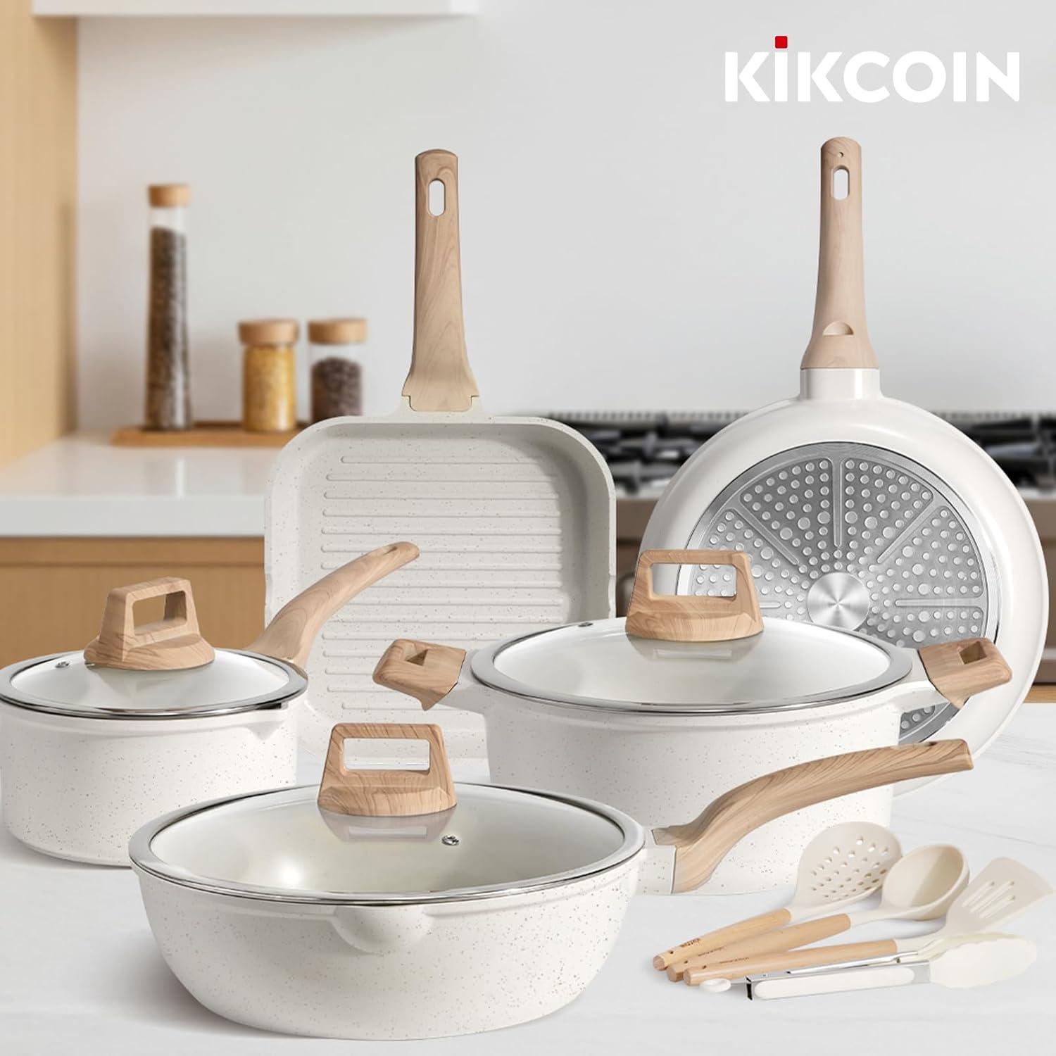 imageKikcoin 16Pcs Pots and Pans Set Nonstick Ceramic Cookware Sets Induction Kitchen Cooking Set Non toxic Healthy Non Stick wGrill PanSaute Pan Ceramic WhiteCeramic White