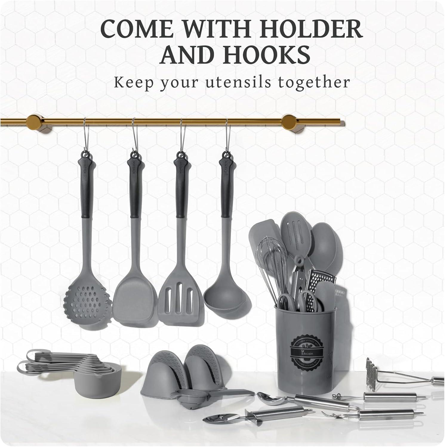 imageKikcoin 43Pcs Kitchen Utensils Set  Silicone Cooking Utensil Set Dishwasher Safe Spatula for Nonstick Cookware 446F Heat Resistant Kitchen Gadgets with Holder BPA Free Avocado GreenGray