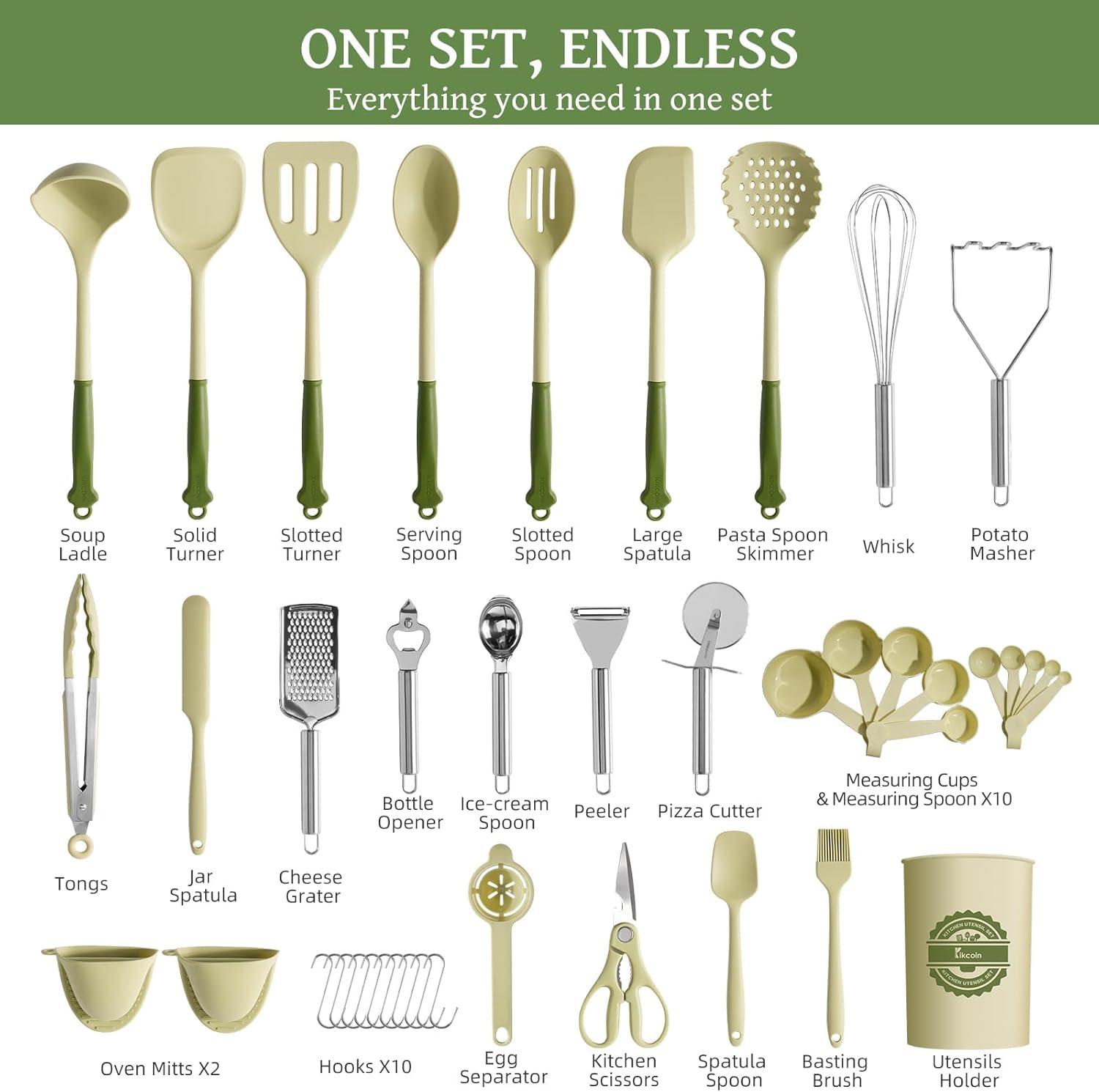 imageKikcoin 43Pcs Kitchen Utensils Set  Silicone Cooking Utensil Set Dishwasher Safe Spatula for Nonstick Cookware 446F Heat Resistant Kitchen Gadgets with Holder BPA Free Avocado GreenAvocado Green