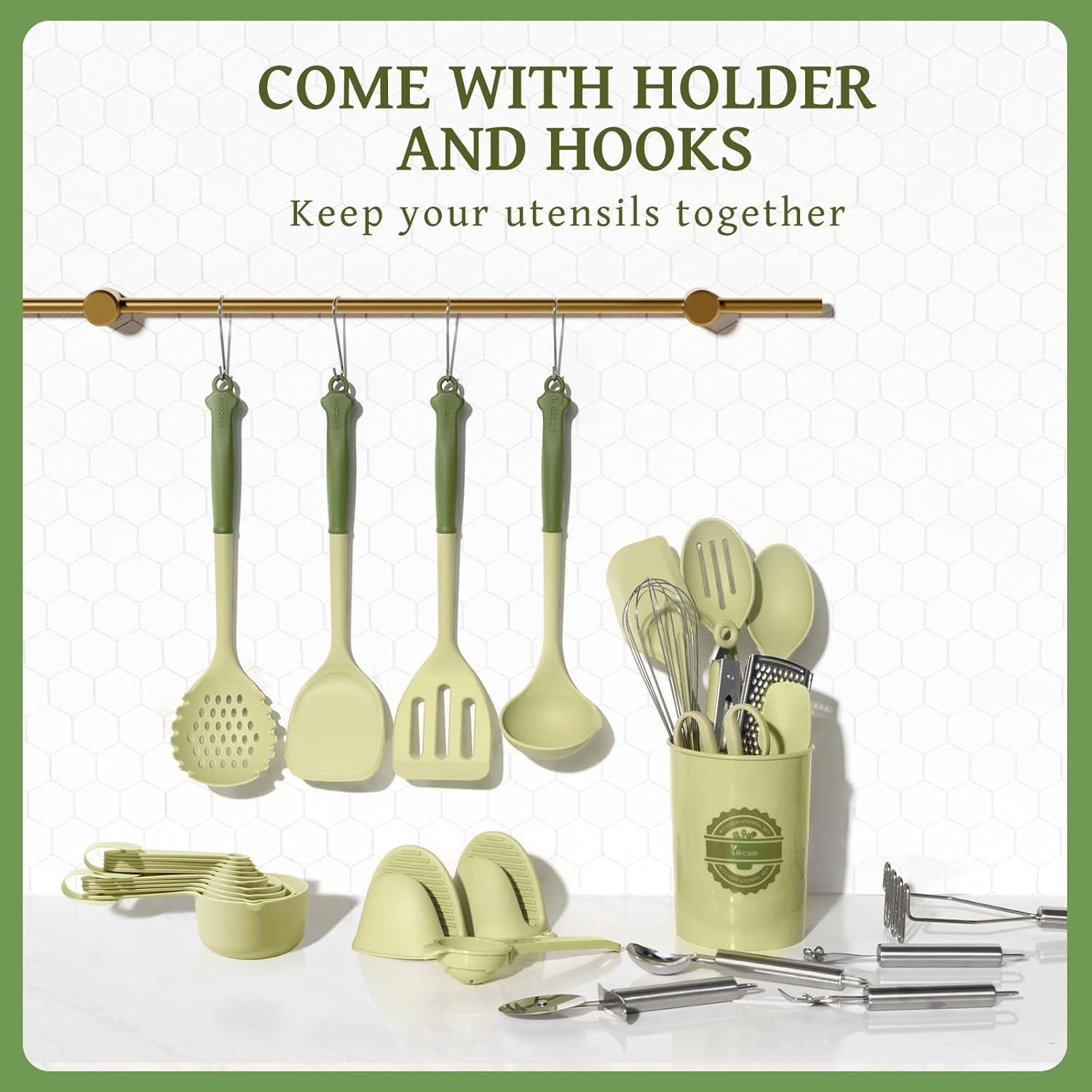 imageKikcoin 43Pcs Kitchen Utensils Set  Silicone Cooking Utensil Set Dishwasher Safe Spatula for Nonstick Cookware 446F Heat Resistant Kitchen Gadgets with Holder BPA Free Avocado GreenAvocado Green