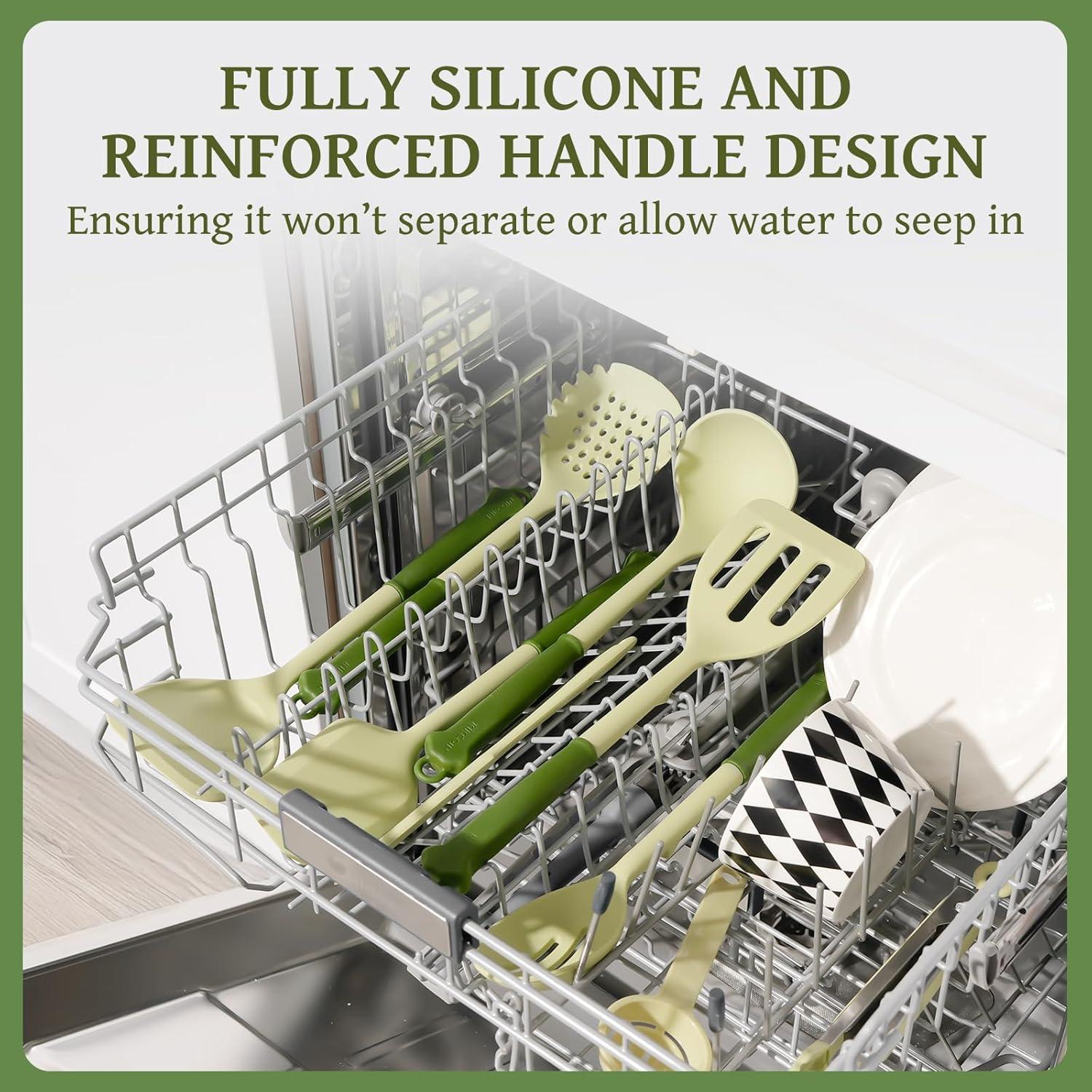 imageKikcoin 43Pcs Kitchen Utensils Set  Silicone Cooking Utensil Set Dishwasher Safe Spatula for Nonstick Cookware 446F Heat Resistant Kitchen Gadgets with Holder BPA Free Avocado GreenAvocado Green