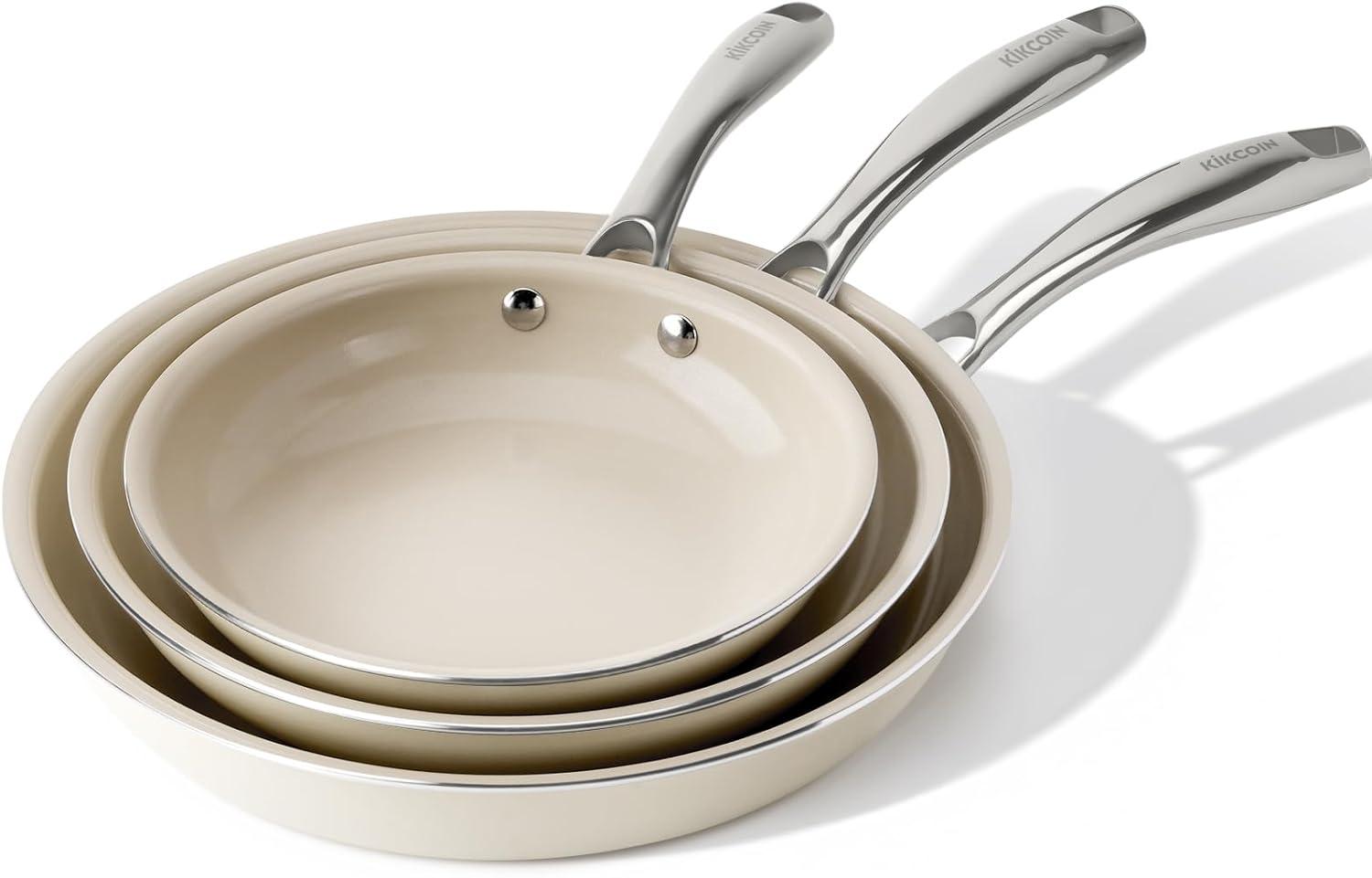 imageKikcoin Ceramic Nonstick Frying Pans Set Healthy Non Toix Pans for Cooking 8quot 95quot 11quot Ceramic Frying Pans and Skillet with Stay Cool Handle DishwasherOven Safe PFAS ampamp PTFE ampamp PFOA FreeCream Beige