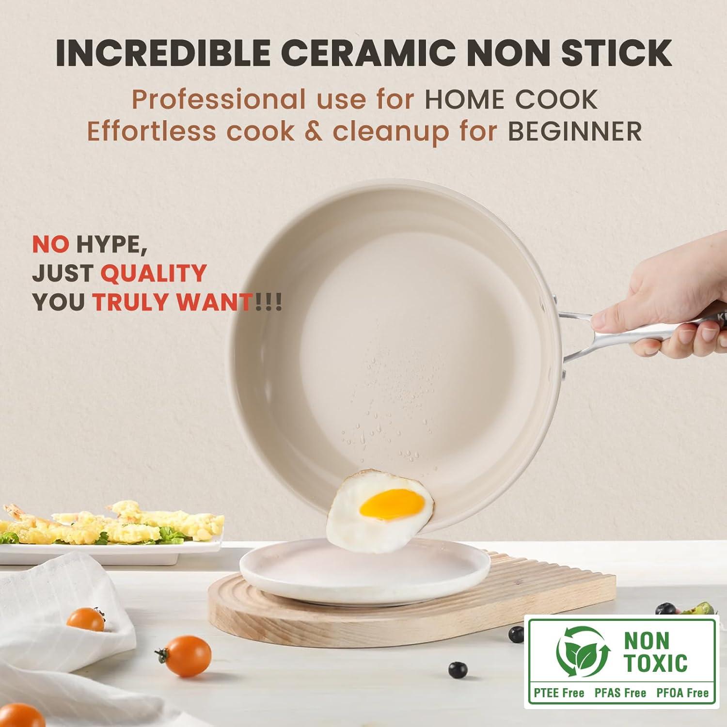 imageKikcoin Ceramic Nonstick Frying Pans Set Healthy Non Toix Pans for Cooking 8quot 95quot 11quot Ceramic Frying Pans and Skillet with Stay Cool Handle DishwasherOven Safe PFAS ampamp PTFE ampamp PFOA FreeCream Beige