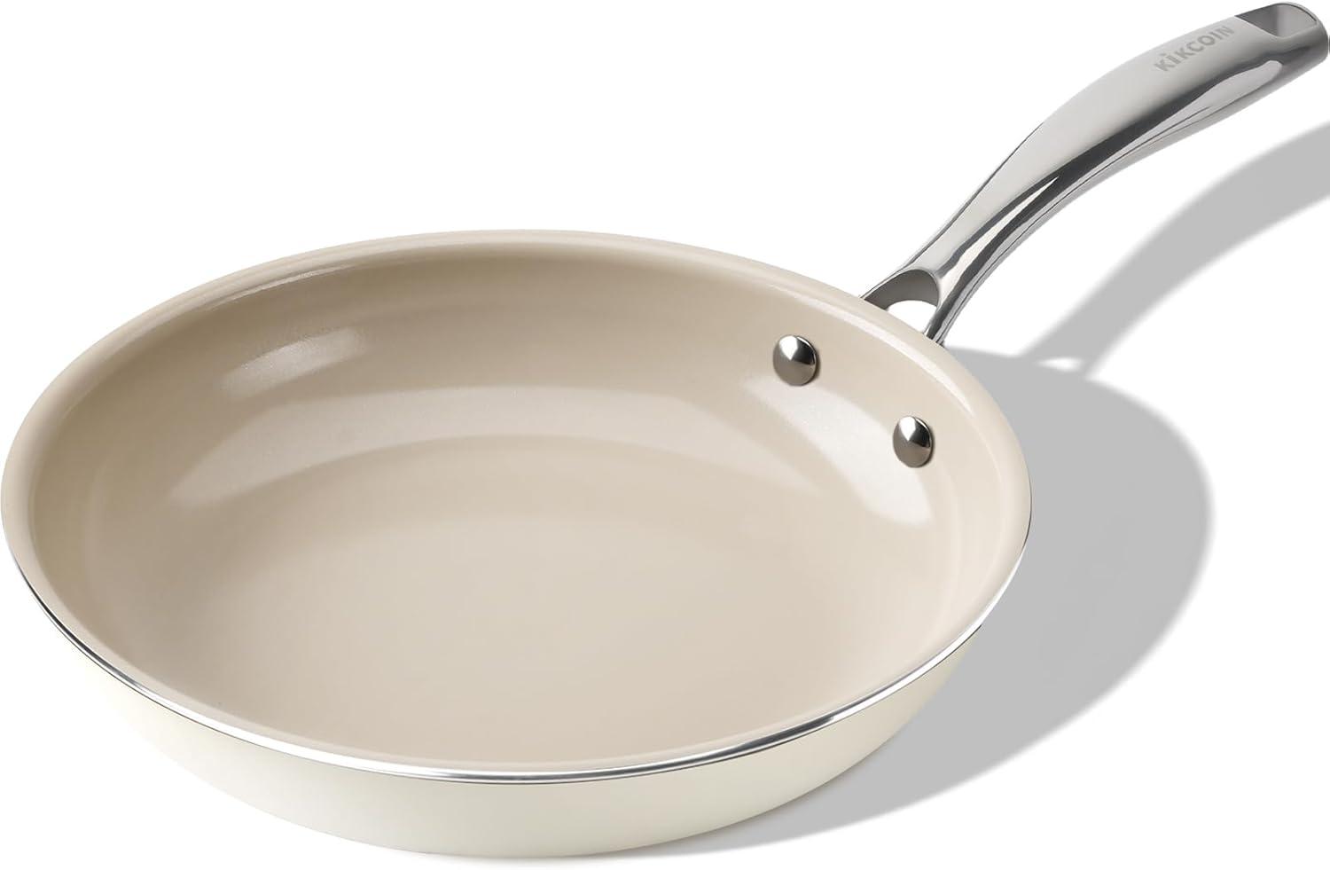 imageKikcoin Ceramic Nonstick Frying Pans Set Healthy Non Toix Pans for Cooking 8quot 95quot 11quot Ceramic Frying Pans and Skillet with Stay Cool Handle DishwasherOven Safe PFAS ampamp PTFE ampamp PFOA FreeCream Beige