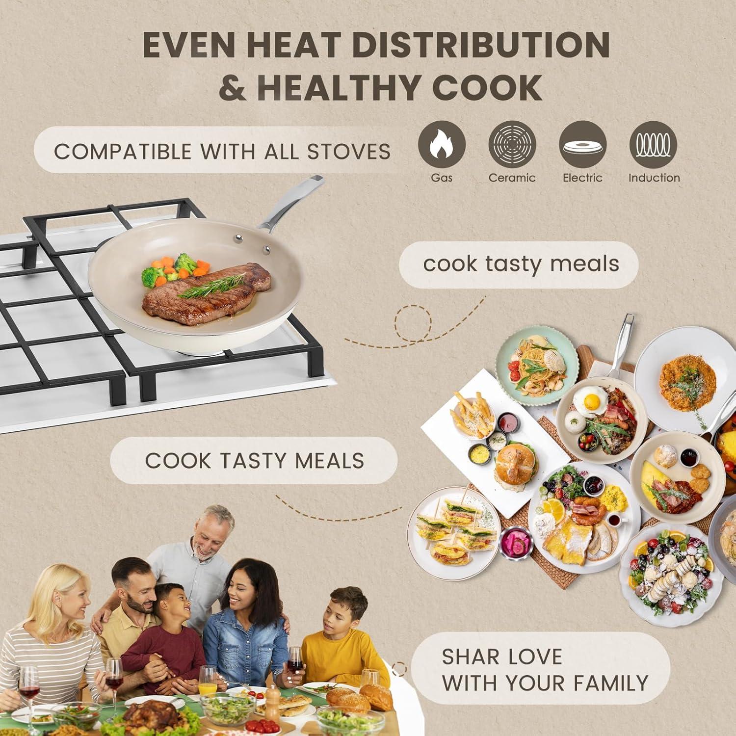 imageKikcoin Ceramic Nonstick Frying Pans Set Healthy Non Toix Pans for Cooking 8quot 95quot 11quot Ceramic Frying Pans and Skillet with Stay Cool Handle DishwasherOven Safe PFAS ampamp PTFE ampamp PFOA FreeCream Beige