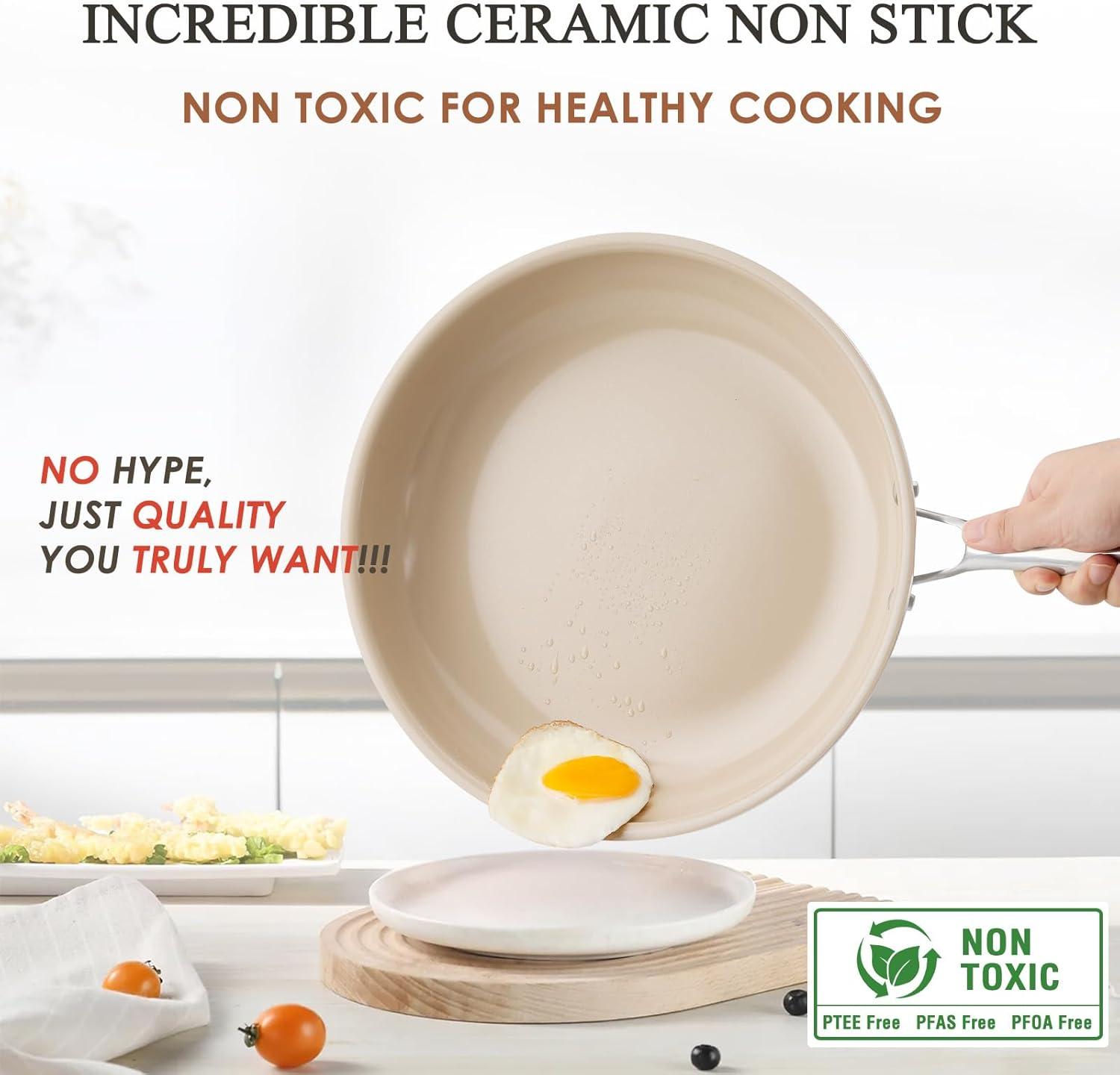 imageKikcoin Ceramic Nonstick Frying Pans Set Healthy Non Toix Pans for Cooking 8quot 95quot 11quot Ceramic Frying Pans and Skillet with Stay Cool Handle DishwasherOven Safe PFAS ampamp PTFE ampamp PFOA FreeCream Beige