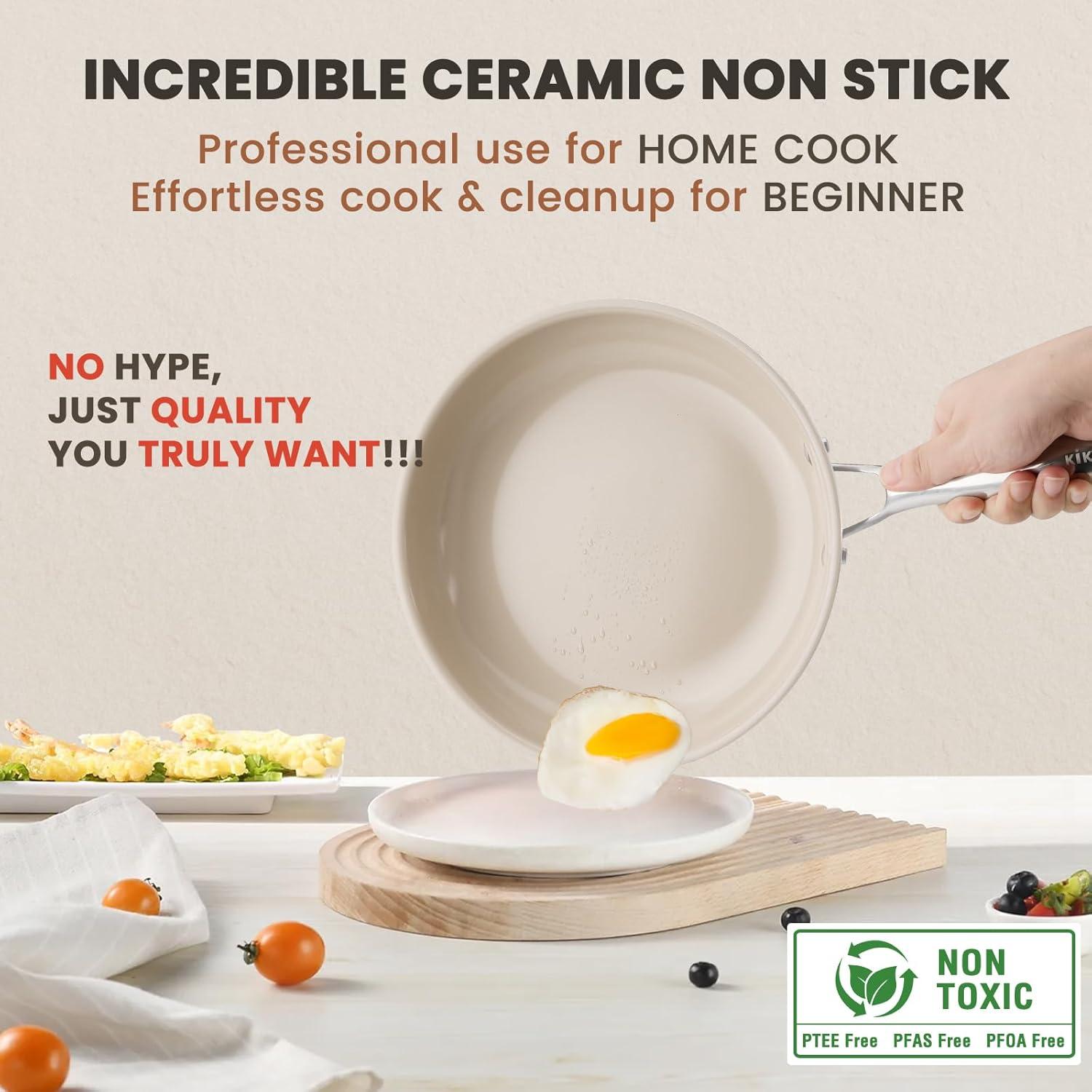 imageKikcoin Ceramic Nonstick Frying Pans Set Healthy Non Toix Pans for Cooking 8quot 95quot 11quot Ceramic Frying Pans and Skillet with Stay Cool Handle DishwasherOven Safe PFAS ampamp PTFE ampamp PFOA FreeCream Beige