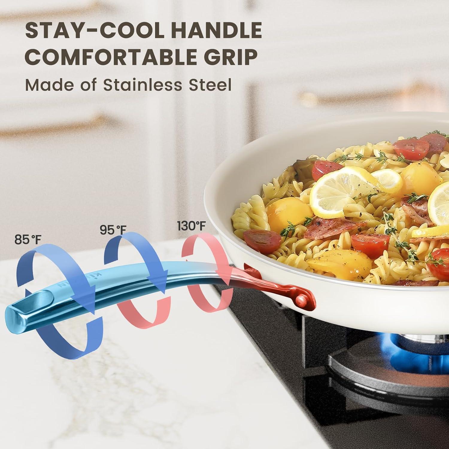 imageKikcoin Ceramic Nonstick Frying Pans Set Healthy Non Toix Pans for Cooking 8quot 95quot 11quot Ceramic Frying Pans and Skillet with Stay Cool Handle DishwasherOven Safe PFAS ampamp PTFE ampamp PFOA FreeCream Beige