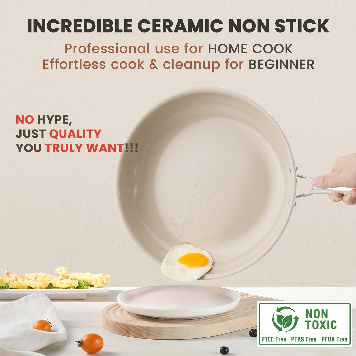 imageKikcoin Ceramic Nonstick Frying Pans Set Healthy Non Toix Pans for Cooking 8quot 95quot 11quot Ceramic Frying Pans and Skillet with Stay Cool Handle DishwasherOven Safe PFAS ampamp PTFE ampamp PFOA FreeCream Beige
