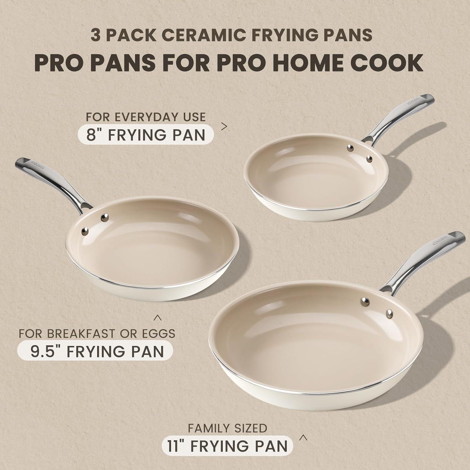imageKikcoin Ceramic Nonstick Frying Pans Set Healthy Non Toix Pans for Cooking 8quot 95quot 11quot Ceramic Frying Pans and Skillet with Stay Cool Handle DishwasherOven Safe PFAS ampamp PTFE ampamp PFOA FreeCream Beige