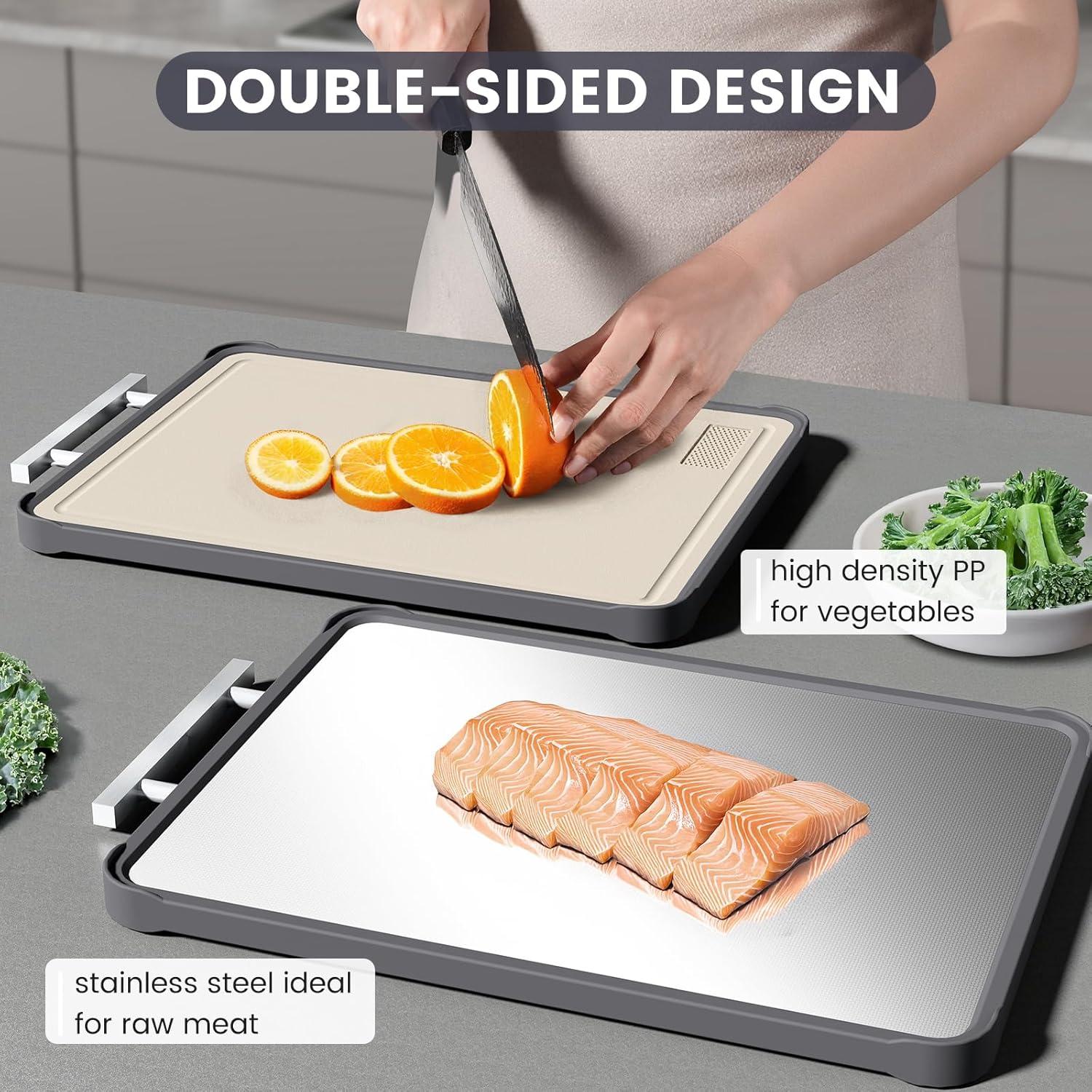 imageKikcoin Double Sided Stainless Steel Cutting Boards for Kitchen Stainless Steel and Wheat Straw PP Large Chopping Board BlackBeige