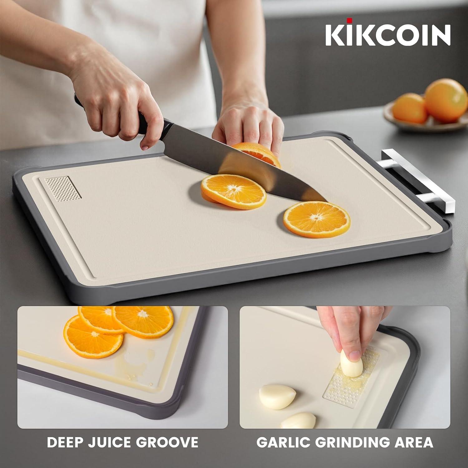 imageKikcoin Double Sided Stainless Steel Cutting Boards for Kitchen Stainless Steel and Wheat Straw PP Large Chopping Board BlackBeige
