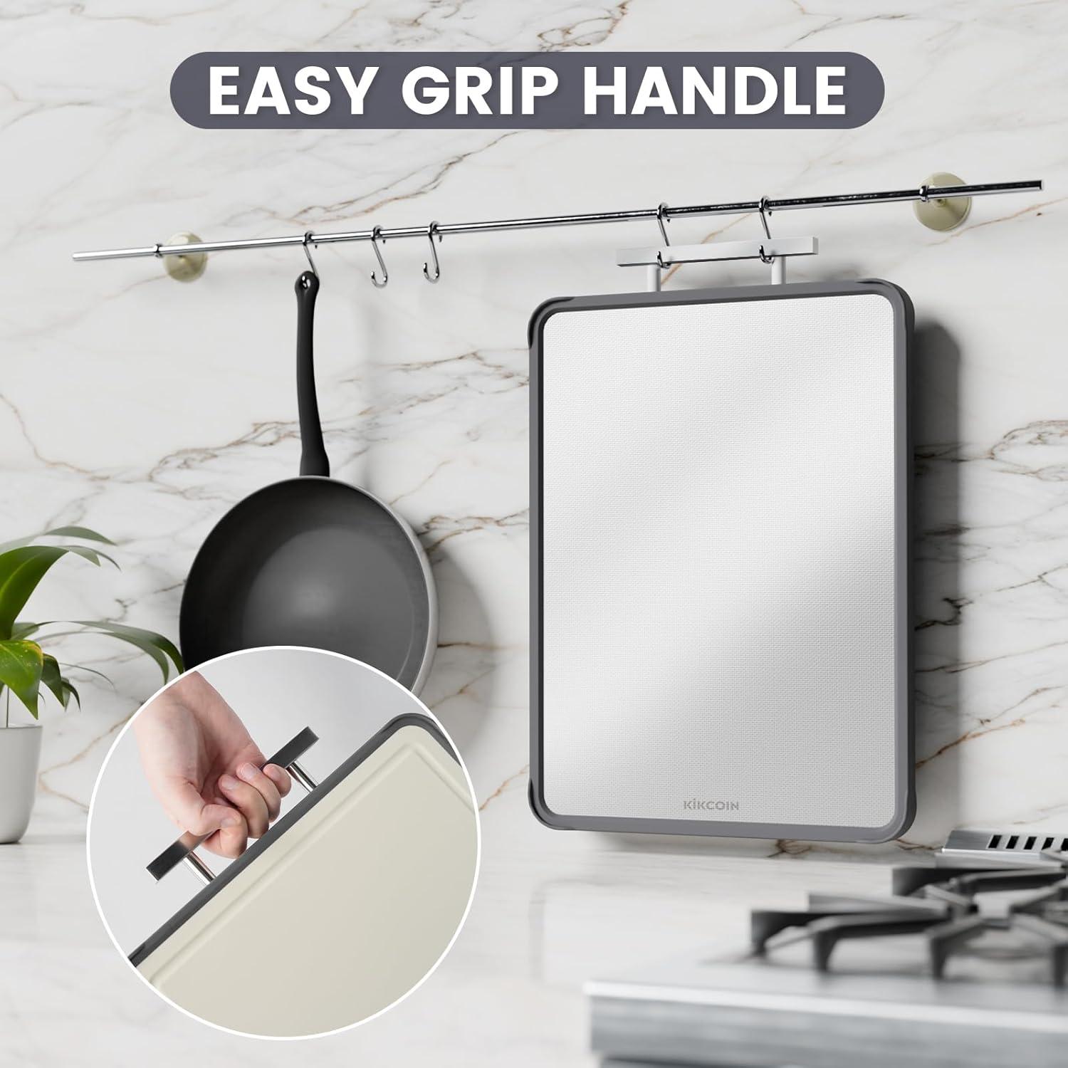 imageKikcoin Double Sided Stainless Steel Cutting Boards for Kitchen Stainless Steel and Wheat Straw PP Large Chopping Board BlackBeige