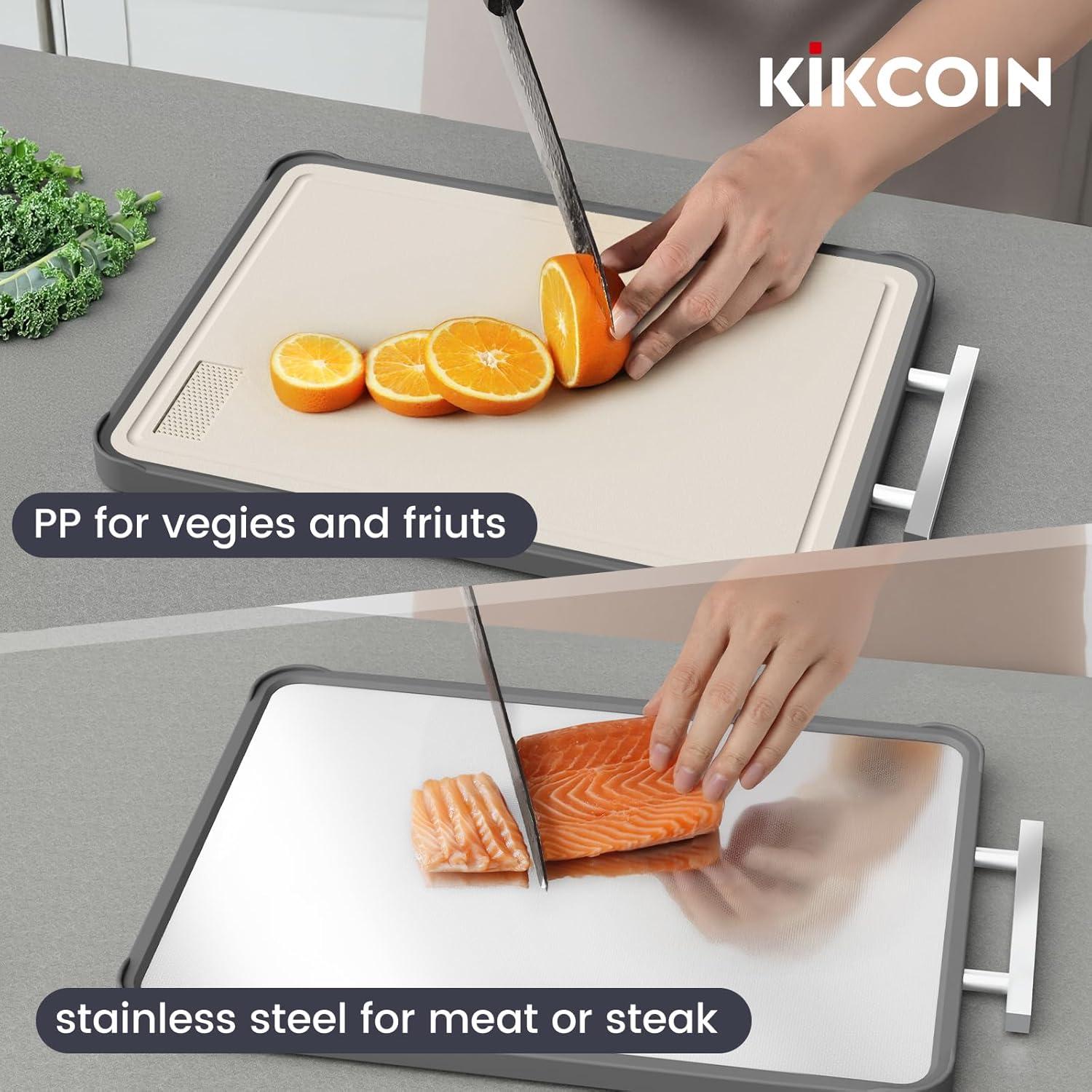 imageKikcoin Double Sided Stainless Steel Cutting Boards for Kitchen Stainless Steel and Wheat Straw PP Large Chopping Board BlackBeige