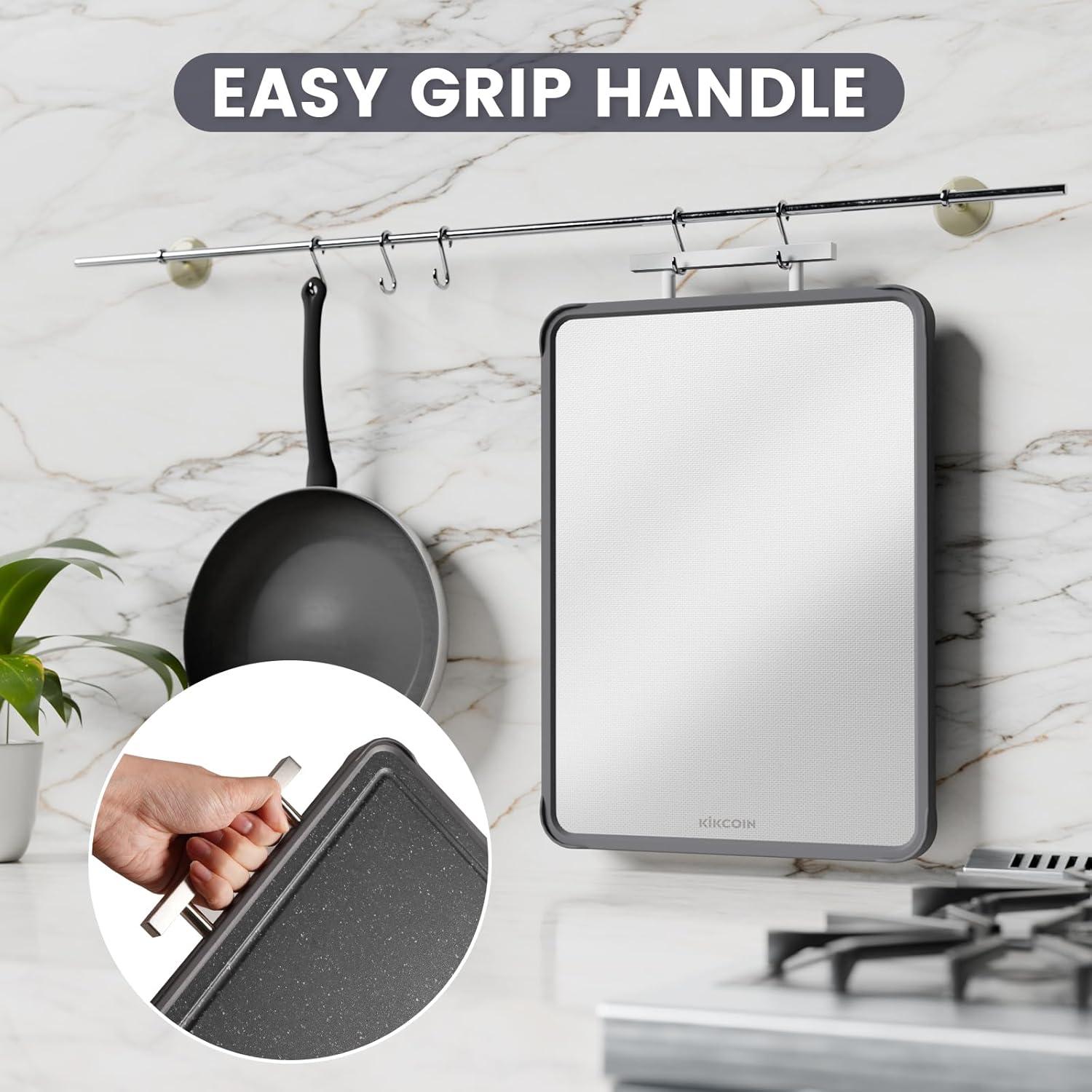 imageKikcoin Double Sided Stainless Steel Cutting Boards for Kitchen Stainless Steel and Wheat Straw PP Large Chopping Board BlackBlack