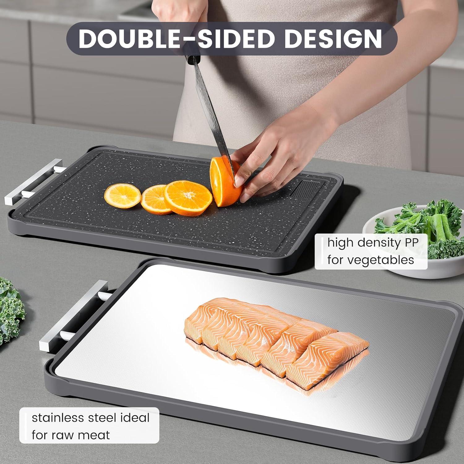 imageKikcoin Double Sided Stainless Steel Cutting Boards for Kitchen Stainless Steel and Wheat Straw PP Large Chopping Board BlackBlack