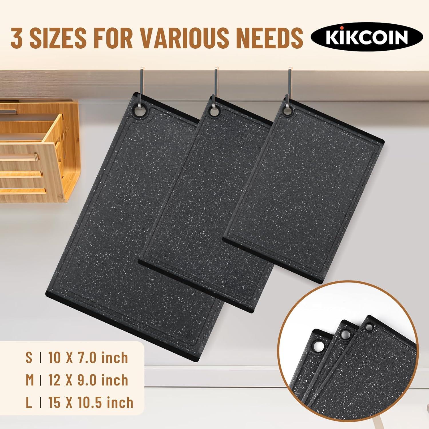 imageKikcoin Plastic Cutting Boards for Kitchen 3Piece Large Cutting Board Set Dishwasher Safe Chopping Boards with Nonslip Feet and Juice Grooves WhiteBlackGray
